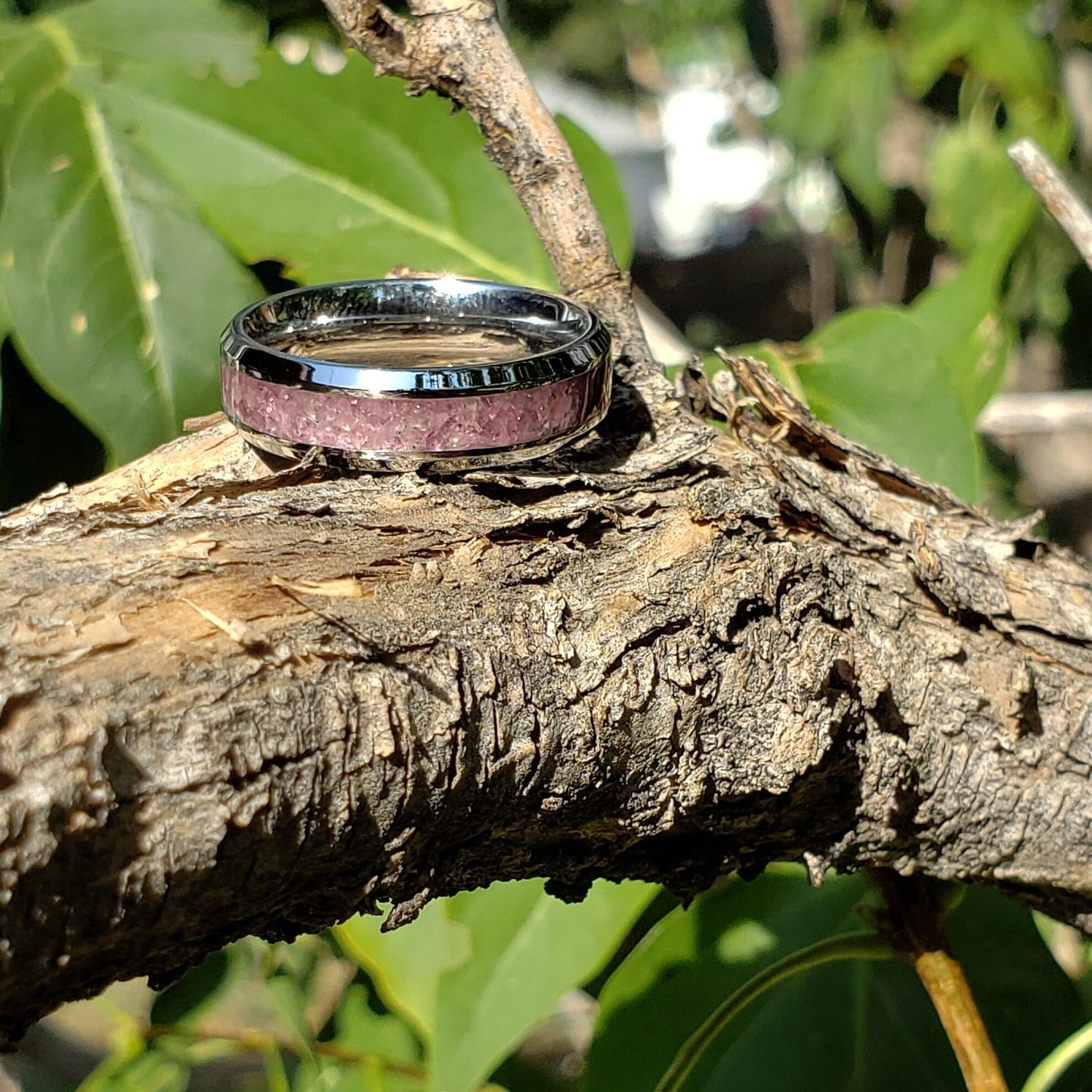 Heart Strings Ring - Pink Tourmaline Crystal Inlay, Tungsten Titanium Ceramic, Men Women, Wedding Ring, His Hers Promise, Engagement Ring