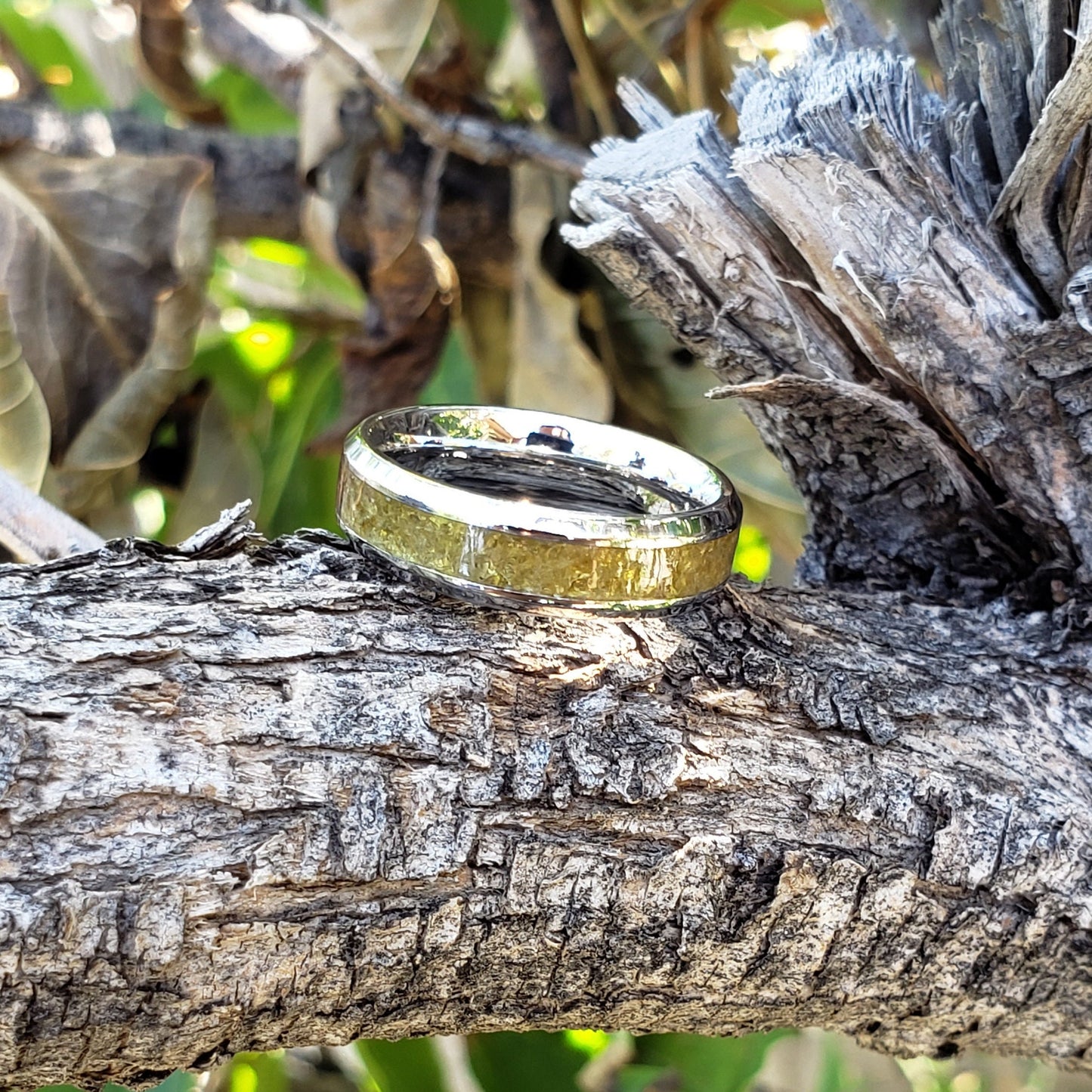 Sunshine Ring - Golden Mali Garnet Crystal Inlay, Tungsten Titanium Ceramic, Men Women, Wedding Ring, His Hers Promise, Engagement Ring