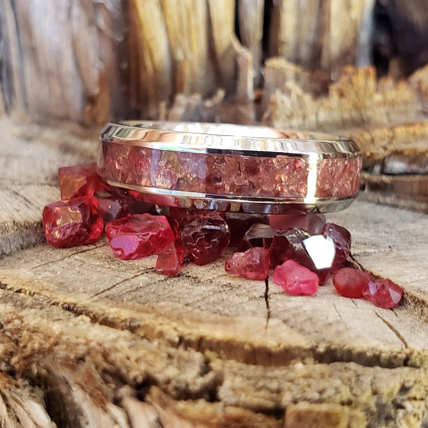 Star Blood Ring - Spinel Crystal Inlay, Tungsten Titanium Ceramic, Men Women, Wedding Ring, His Hers Promise, Engagement Ring 8mm 6mm