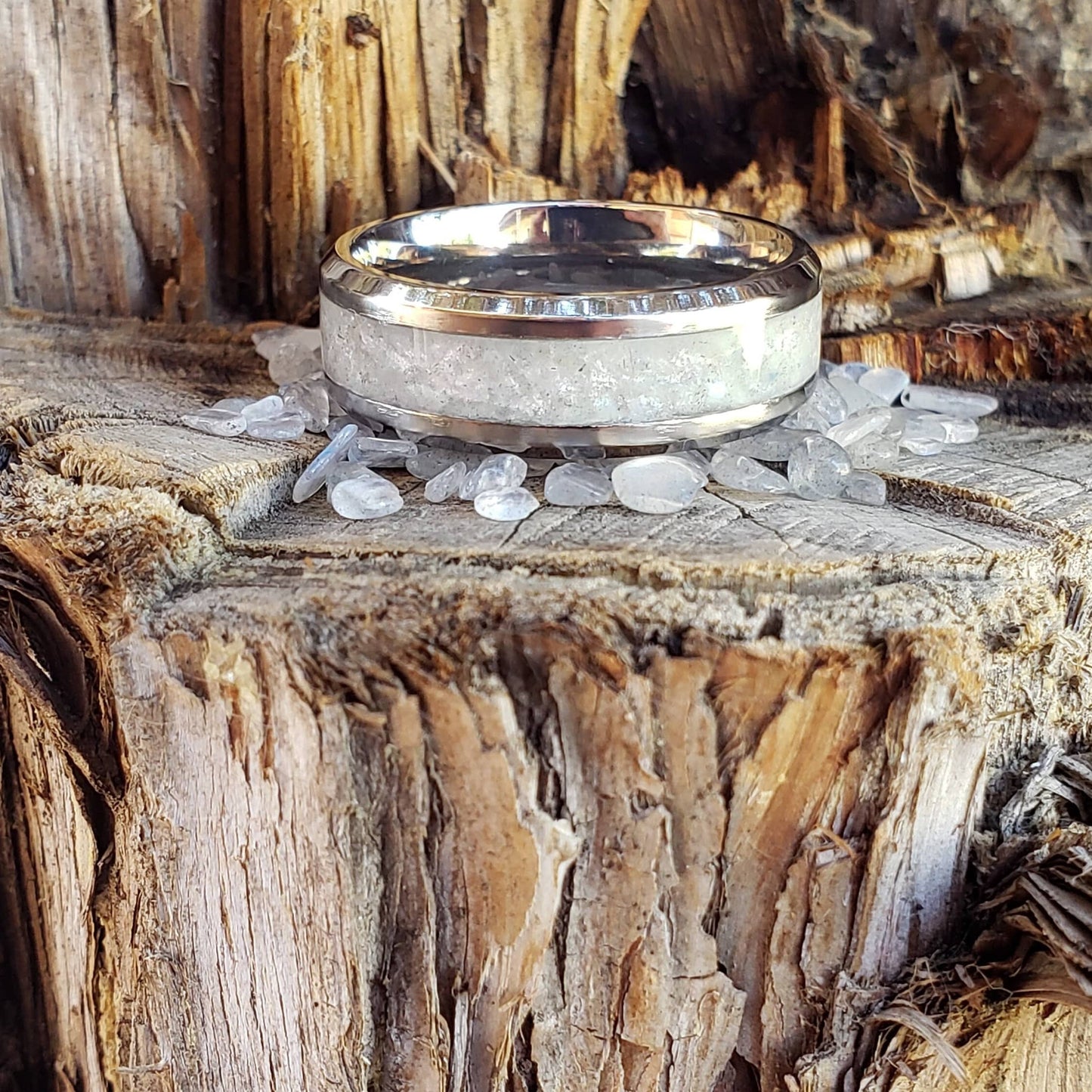 Moon Spirit Ring - Moonstone Crystal Inlay, Tungsten Titanium Ceramic, Men Women, Wedding Ring, His Hers Promise, Engagement Ring 8mm 6mm