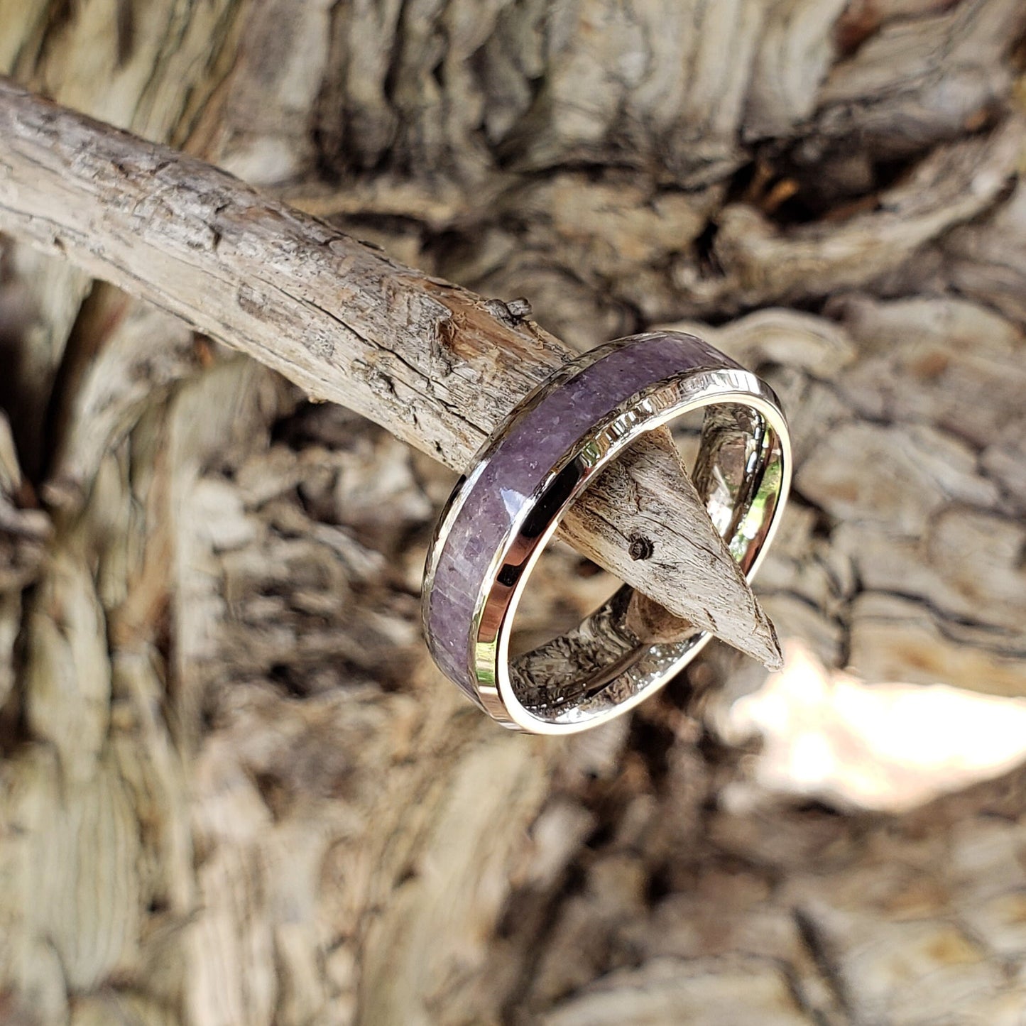 Lilac Ring - Lepidolite Crystal Inlay, Tungsten Titanium Ceramic, Men Women, Wedding Ring, His Hers Promise, Engagement Ring 8mm 6mm