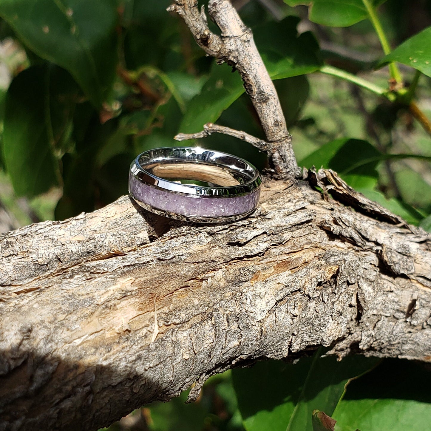 Lilac Ring - Lepidolite Crystal Inlay, Tungsten Titanium Ceramic, Men Women, Wedding Ring, His Hers Promise, Engagement Ring 8mm 6mm