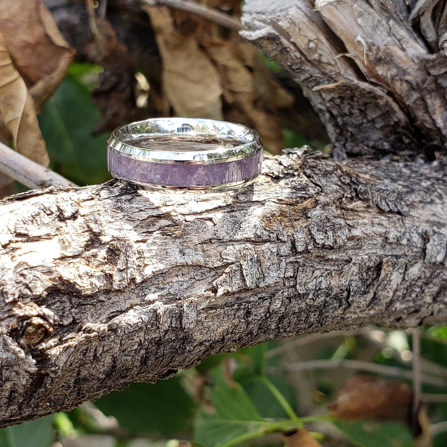 Lilac Ring - Lepidolite Crystal Inlay, Tungsten Titanium Ceramic, Men Women, Wedding Ring, His Hers Promise, Engagement Ring 8mm 6mm