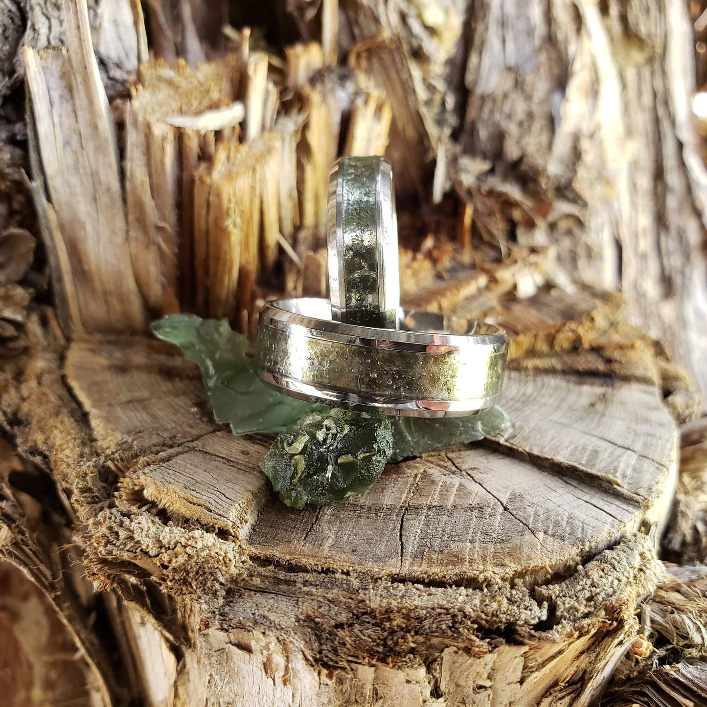 Moldavite Couples Crystal Inlay Ring, Tungsten Titanium Ceramic, Men & Women, Wedding Ring, His Hers Promise Ring, Engagement Ring, 8mm 6mm