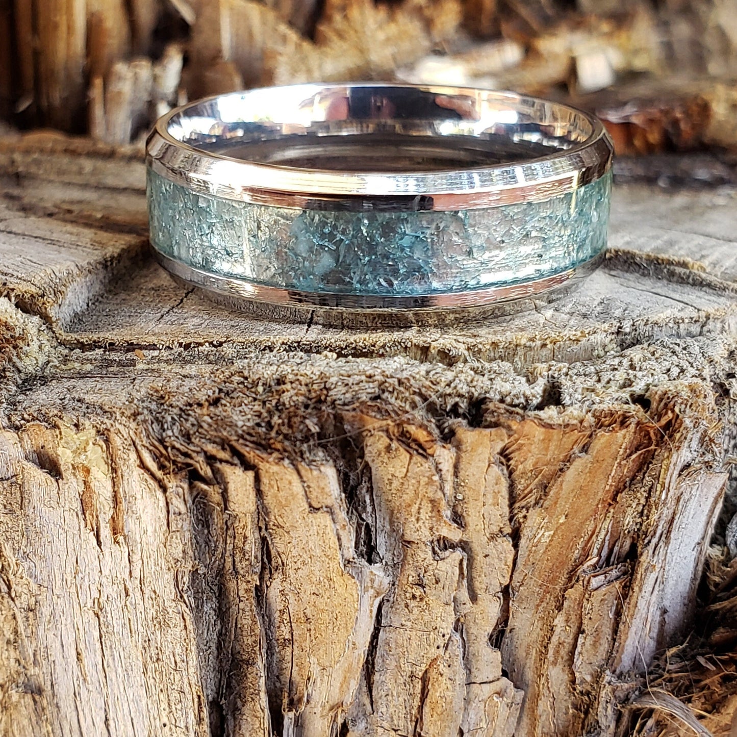 Open Sea Ring - Aquamarine Crystal Inlay, Tungsten Titanium Ceramic, Men Women, Wedding Ring, His Hers Promise, Engagement Ring 8mm 6mm