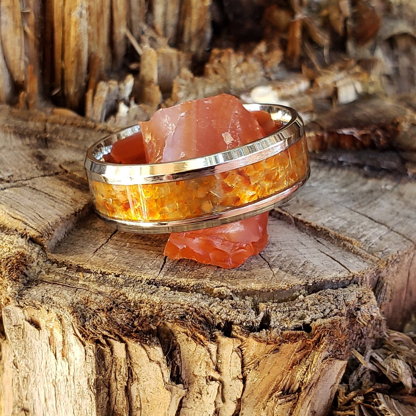 Wildfire Ring - Carnelian Crystal Inlay, Tungsten Titanium Ceramic, Men Women, Wedding Ring, His Hers Promise, Engagement Ring 8mm 6mm