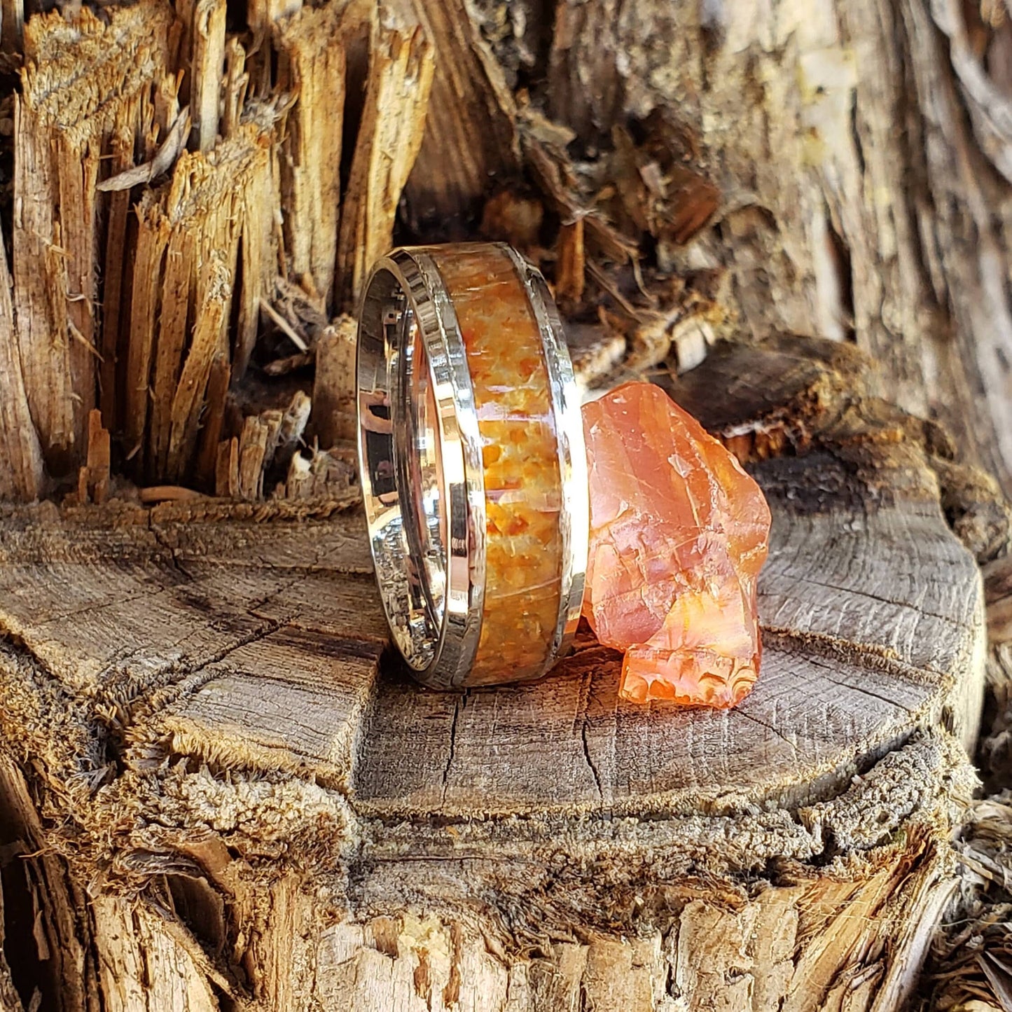 Wildfire Ring - Carnelian Crystal Inlay, Tungsten Titanium Ceramic, Men Women, Wedding Ring, His Hers Promise, Engagement Ring 8mm 6mm