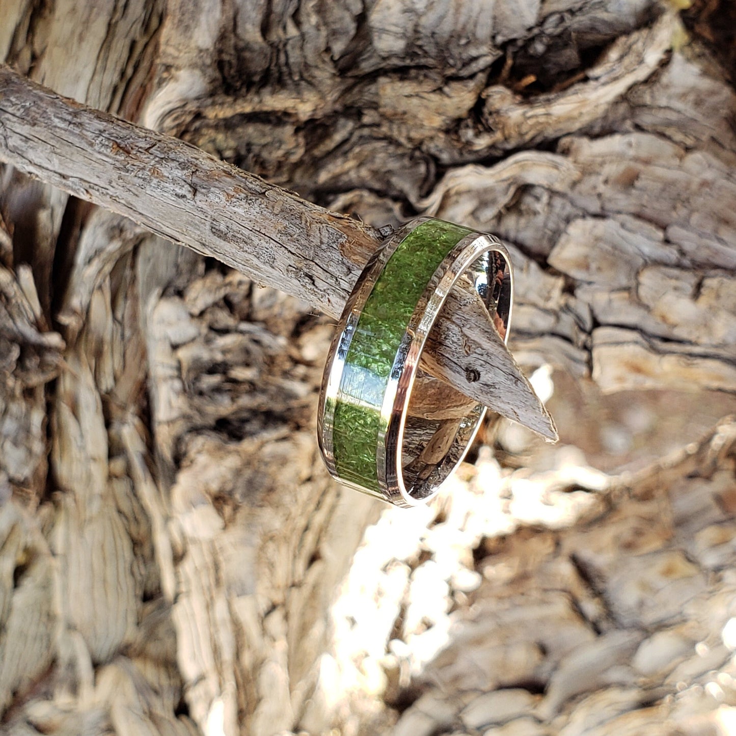 Ecto Ring - Green Apatite Crystal Inlay, Tungsten Titanium Ceramic, Men Women, Wedding Ring, His Hers Promise, Engagement Ring 8mm 6mm