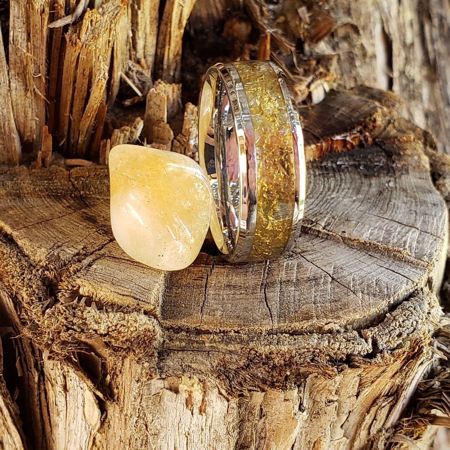 Aura Ring - Citrine Crystal Inlay, Tungsten Titanium Ceramic, Men Women, Wedding Ring, His Hers Promise, Engagement Ring 8mm 6mm