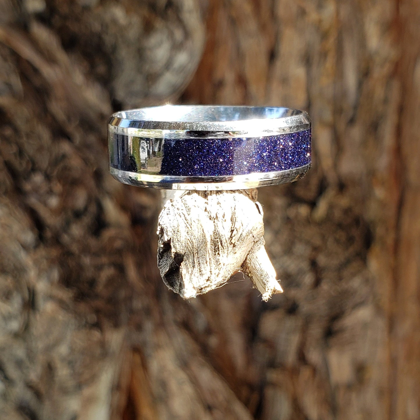 Nebula Ring - Blue Goldstone Crystal Inlay, Tungsten Titanium Ceramic, Men Women, Wedding Ring, His Hers Promise, Engagement Ring 8mm 6mm