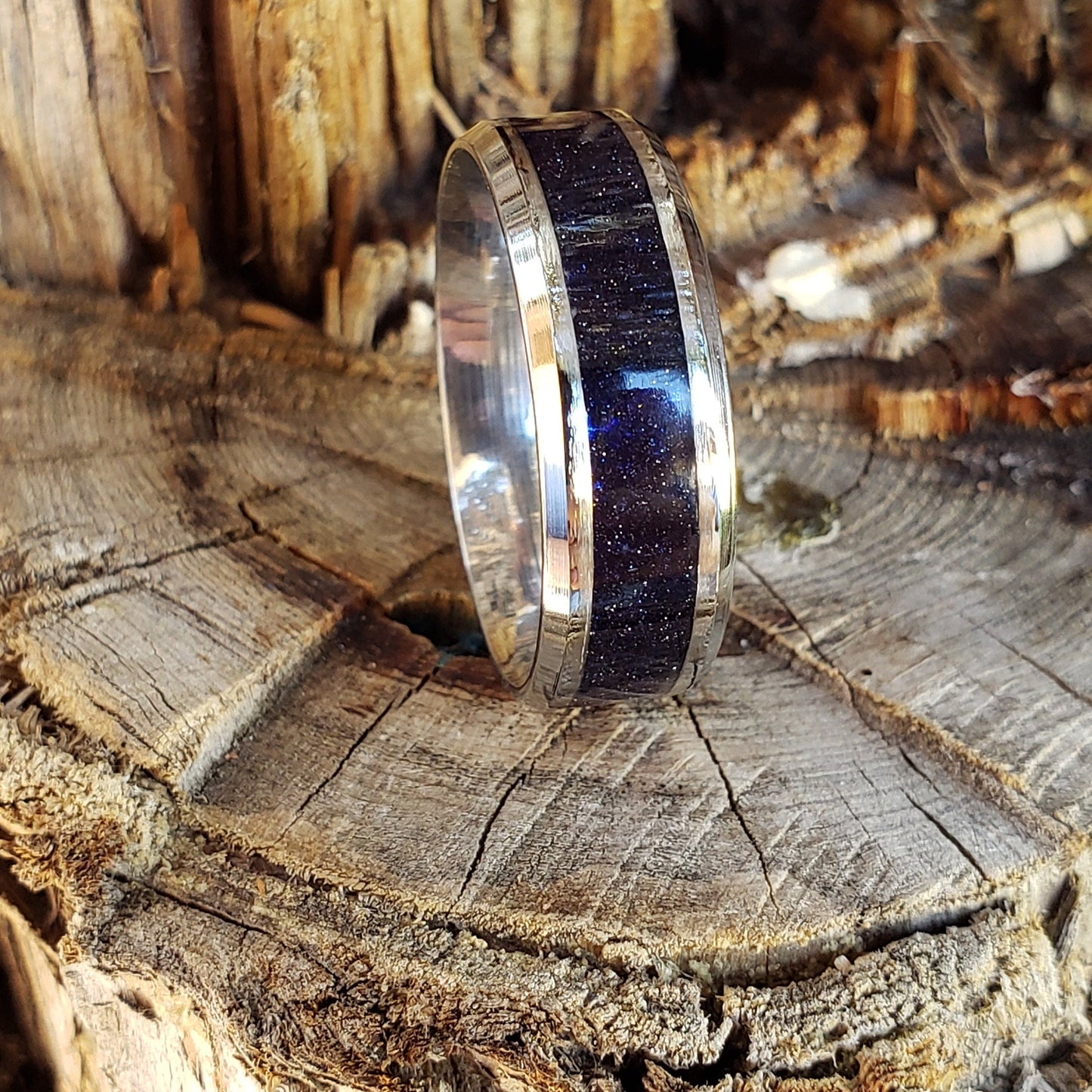 Nebula Ring - Blue Goldstone Crystal Inlay, Tungsten Titanium Ceramic, Men Women, Wedding Ring, His Hers Promise, Engagement Ring 8mm 6mm