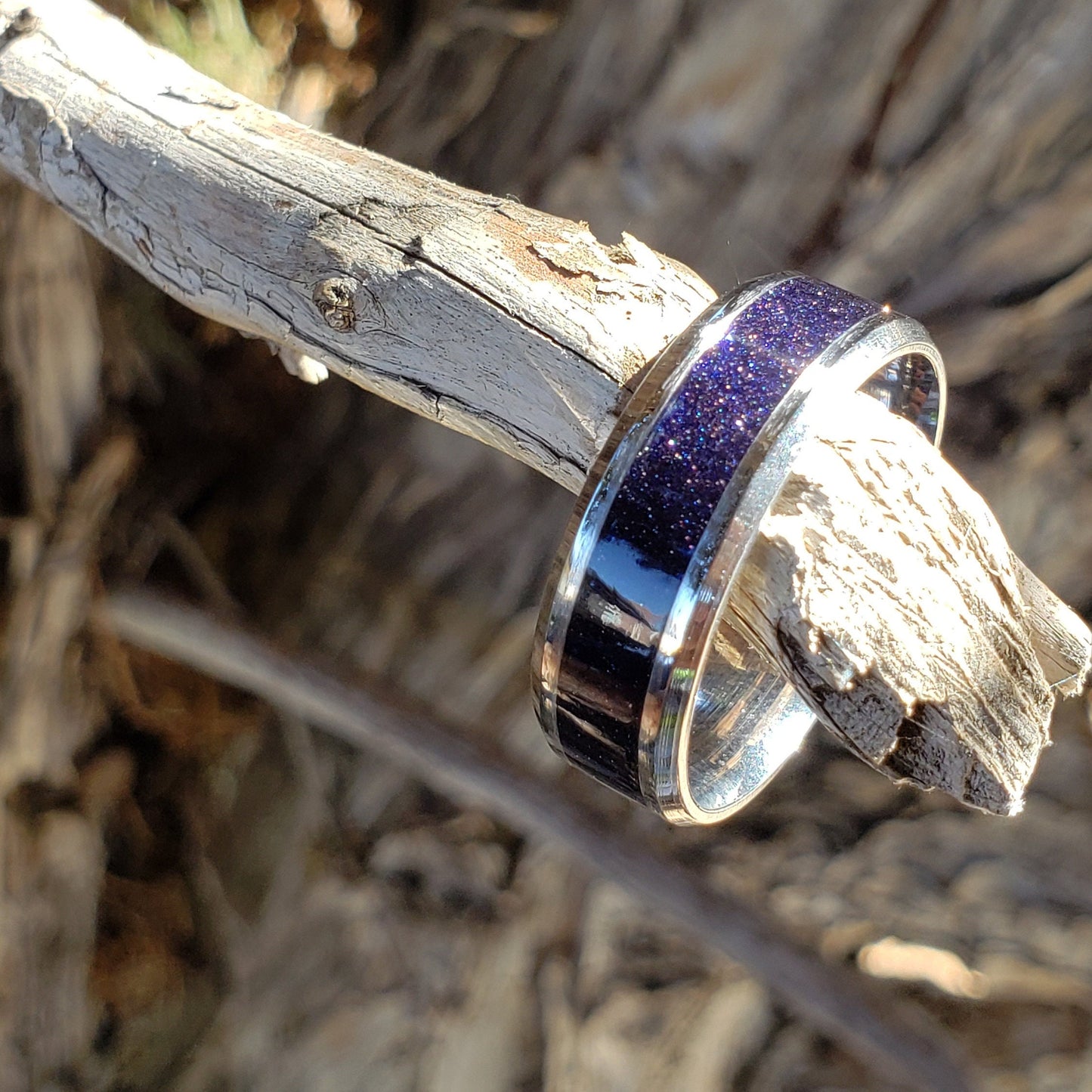 Nebula Ring - Blue Goldstone Crystal Inlay, Tungsten Titanium Ceramic, Men Women, Wedding Ring, His Hers Promise, Engagement Ring 8mm 6mm