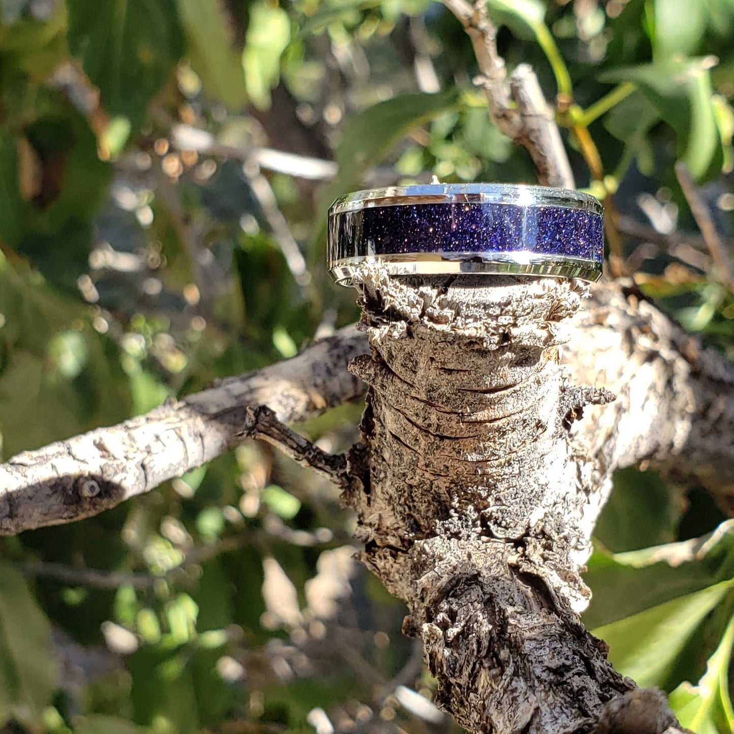 Nebula Ring - Blue Goldstone Crystal Inlay, Tungsten Titanium Ceramic, Men Women, Wedding Ring, His Hers Promise, Engagement Ring 8mm 6mm