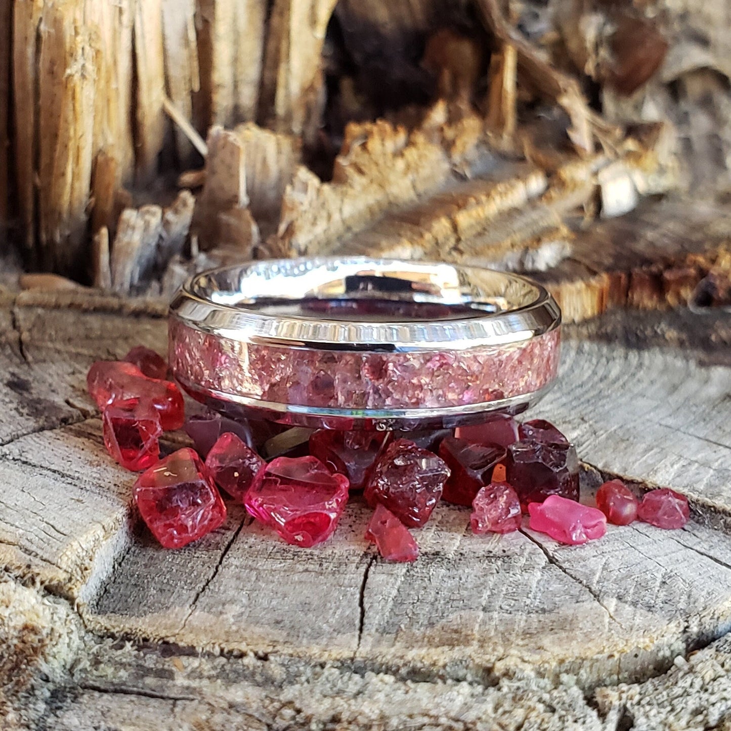 Star Blood Ring - Spinel Crystal Inlay, Tungsten Titanium Ceramic, Men Women, Wedding Ring, His Hers Promise, Engagement Ring 8mm 6mm