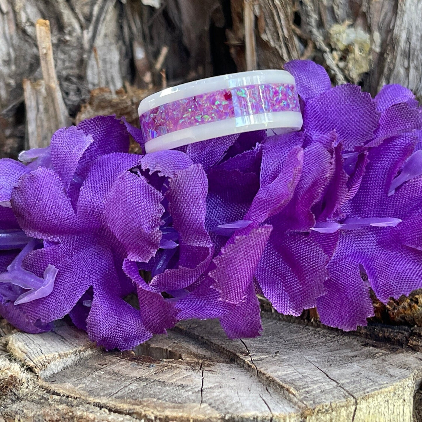 Orchid Ring - Opal Crystal Inlay Ring, Tungsten Titanium Ceramic, Men Women, Wedding Ring, His Hers Promise, Engagement Ring 8mm 6mm