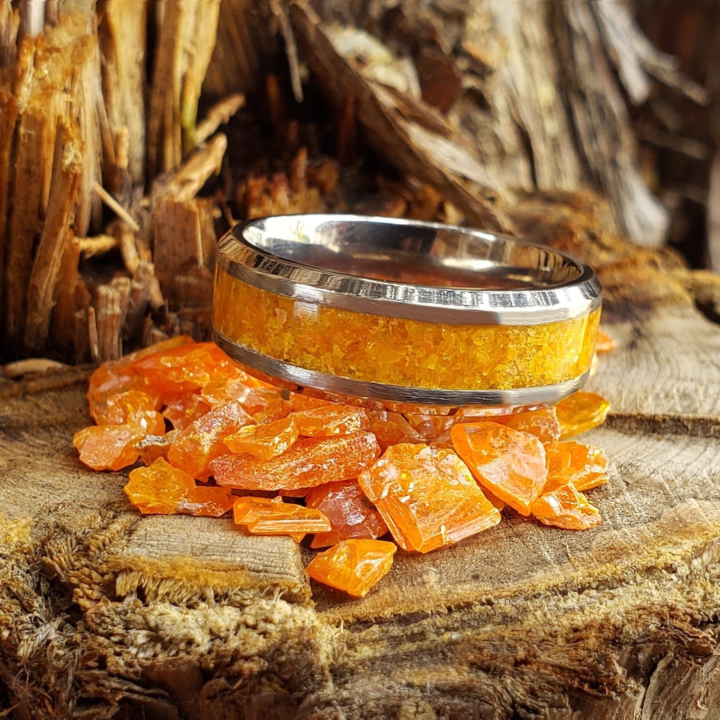 Desert Flame Ring - Wulfenite Crystal Inlay with Titanium, Tungsten, Black Ceramic, White Ceramic Band, 8mm