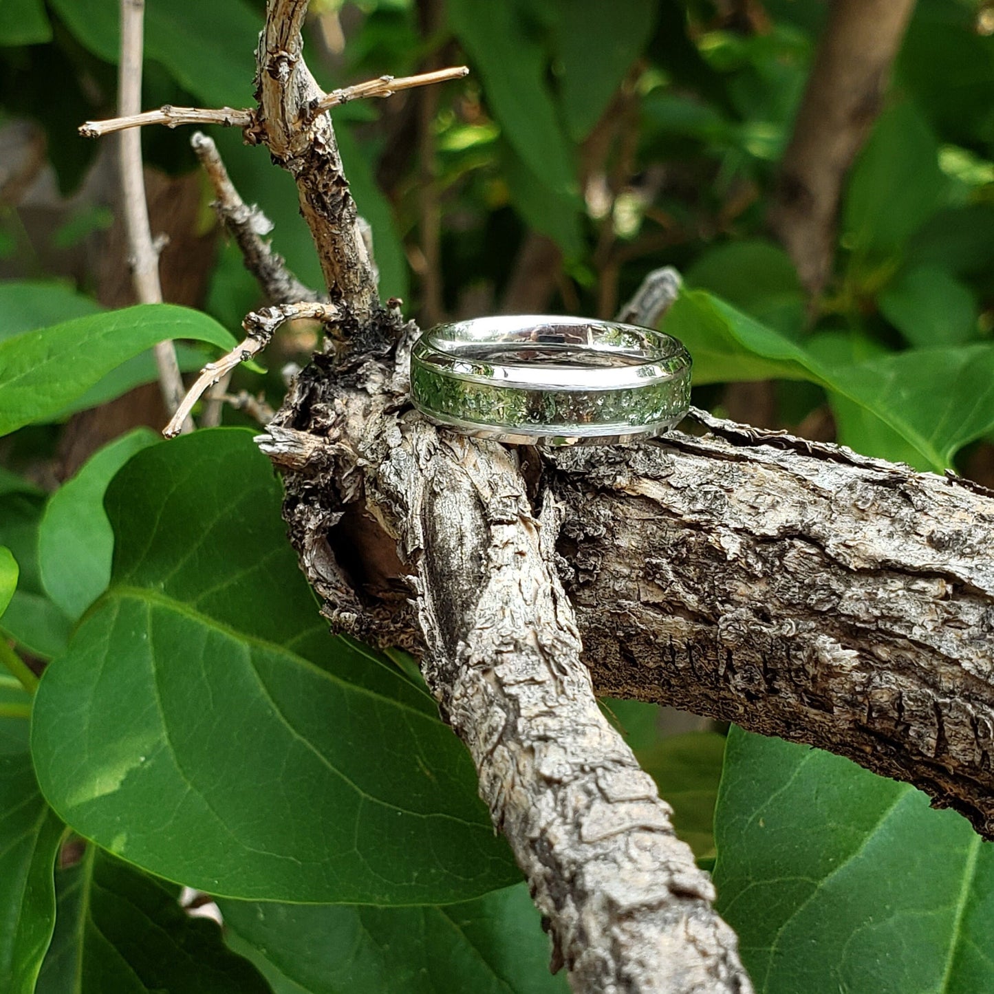 Moldavite Couples Crystal Inlay Ring, Tungsten Titanium Ceramic, Men & Women, Wedding Ring, His Hers Promise Ring, Engagement Ring, 8mm 6mm