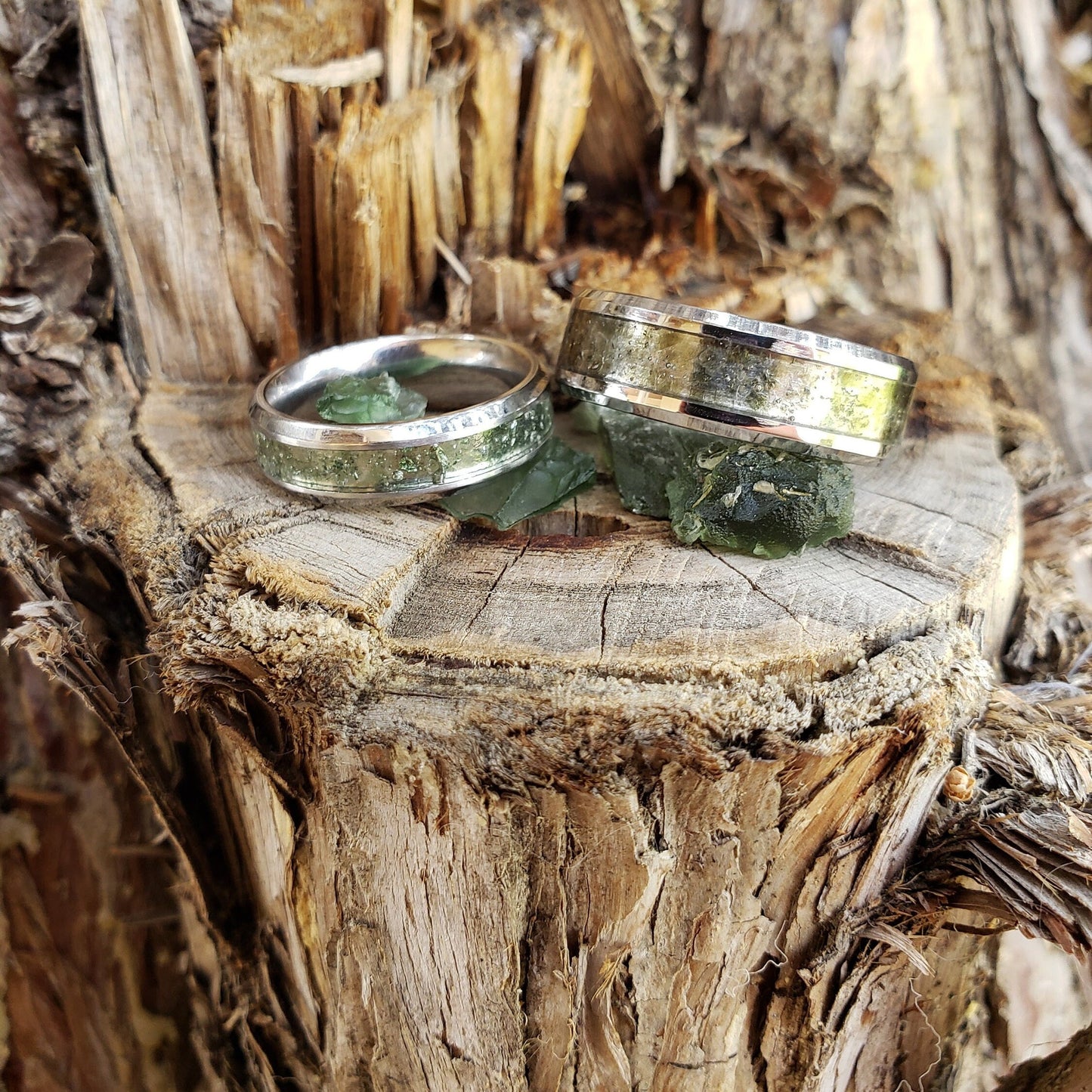 Moldavite Couples Crystal Inlay Ring, Tungsten Titanium Ceramic, Men & Women, Wedding Ring, His Hers Promise Ring, Engagement Ring, 8mm 6mm
