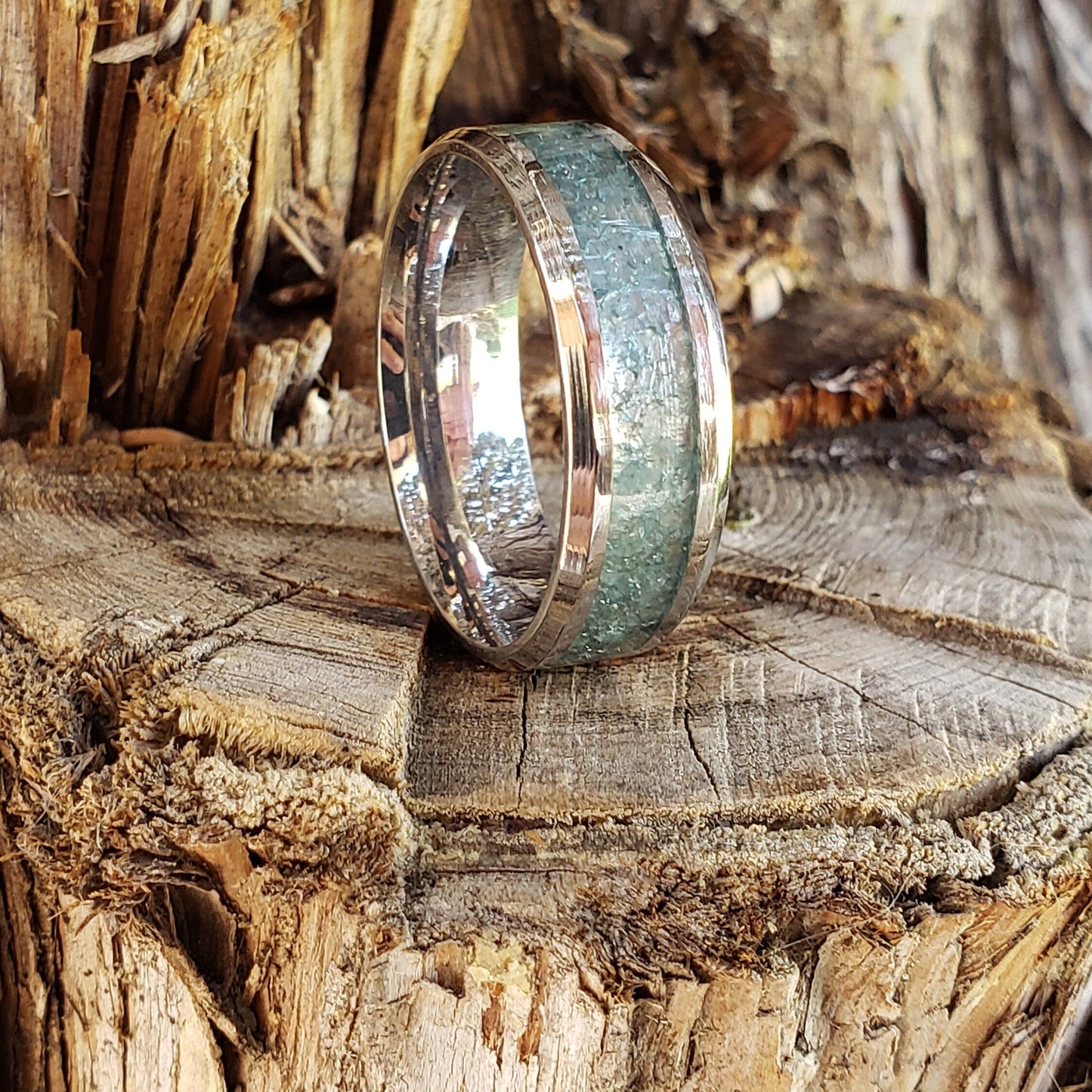 Open Sea Ring - Aquamarine Crystal Inlay, Tungsten Titanium Ceramic, Men Women, Wedding Ring, His Hers Promise, Engagement Ring 8mm 6mm