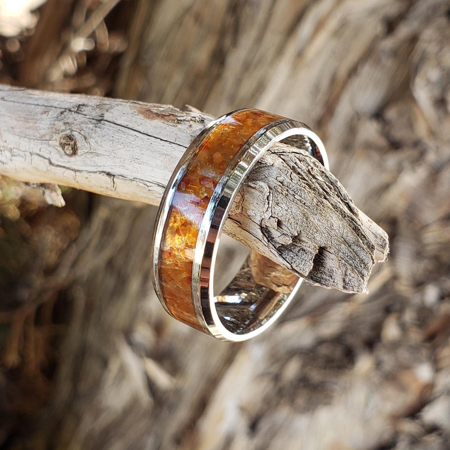 Wildfire Ring - Carnelian Crystal Inlay, Tungsten Titanium Ceramic, Men Women, Wedding Ring, His Hers Promise, Engagement Ring 8mm 6mm
