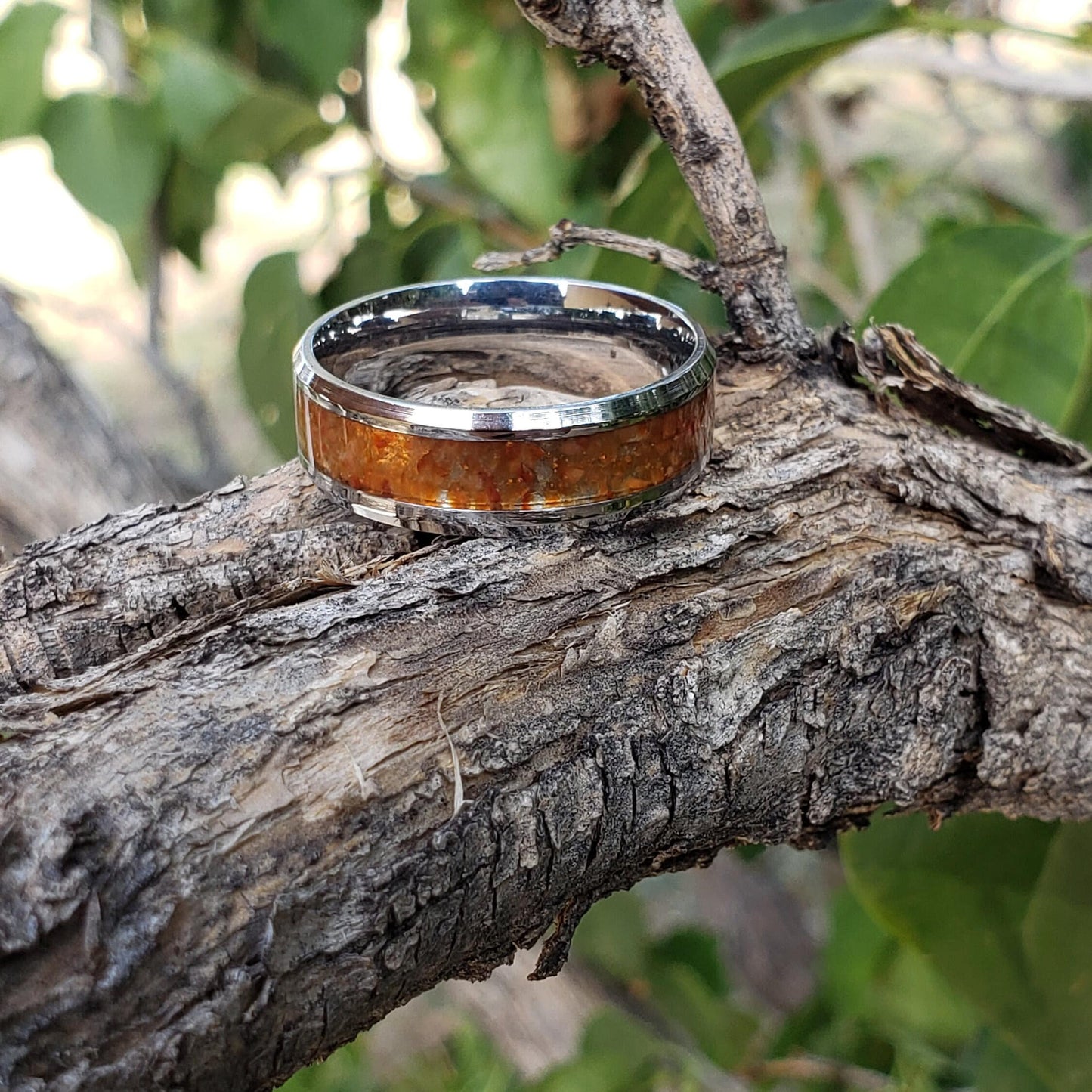 Wildfire Ring - Carnelian Crystal Inlay, Tungsten Titanium Ceramic, Men Women, Wedding Ring, His Hers Promise, Engagement Ring 8mm 6mm
