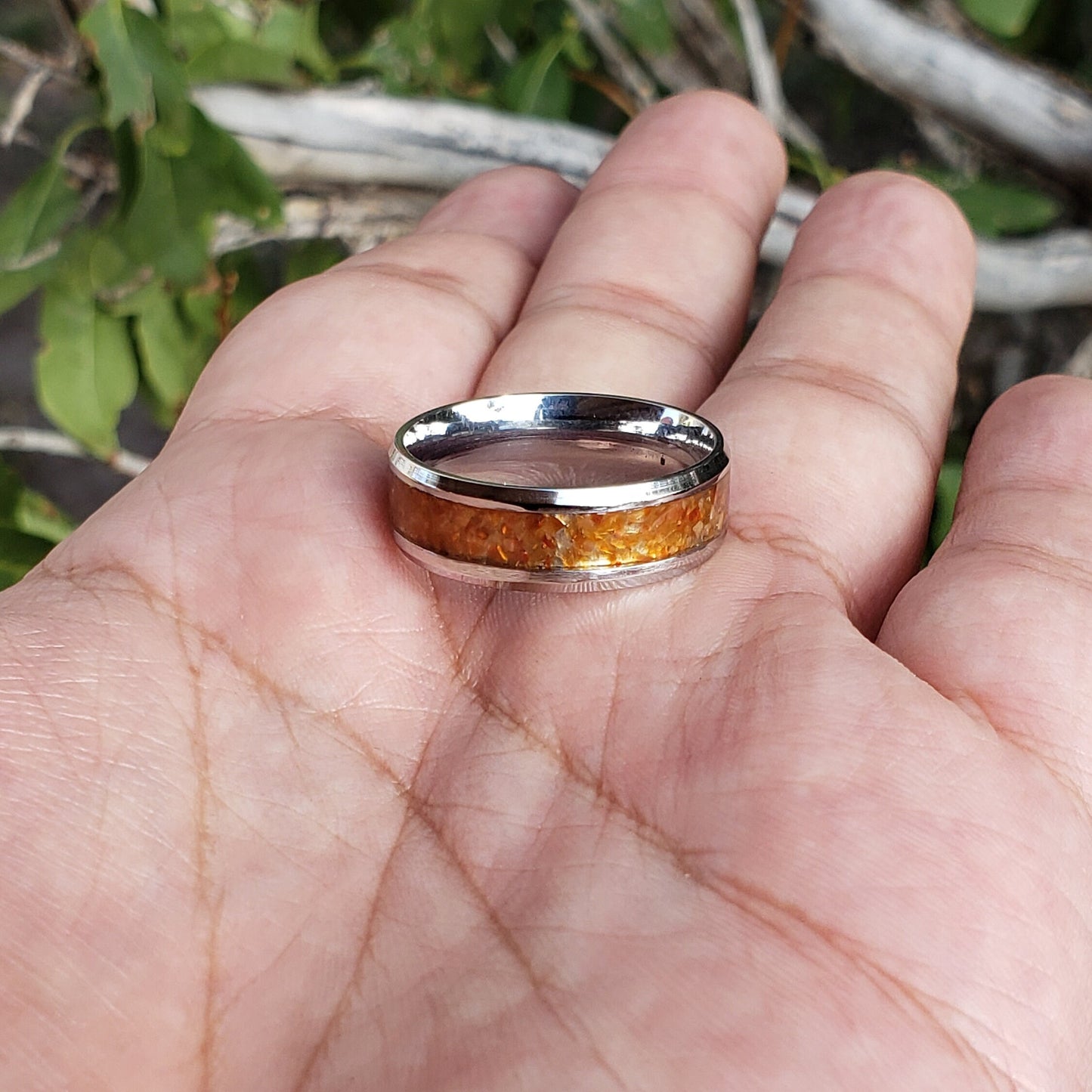 Wildfire Ring - Carnelian Crystal Inlay, Tungsten Titanium Ceramic, Men Women, Wedding Ring, His Hers Promise, Engagement Ring 8mm 6mm