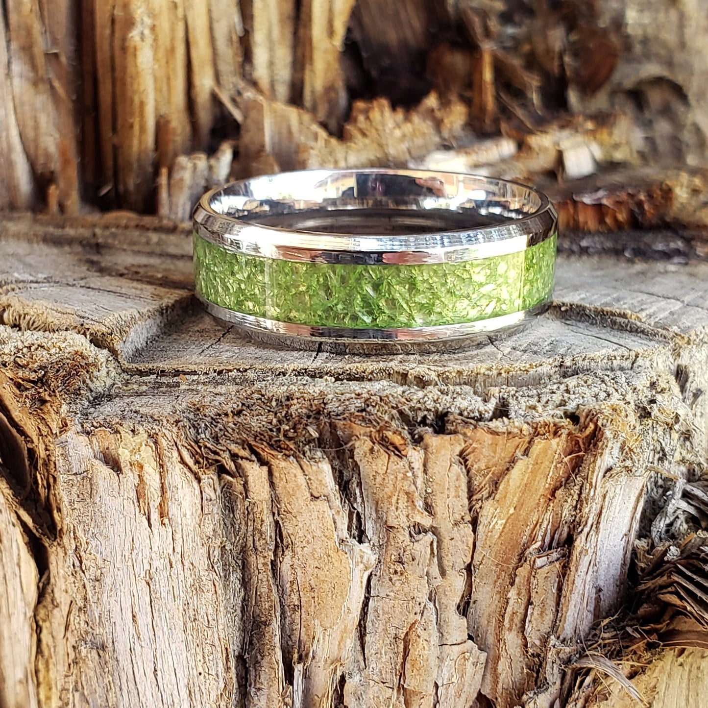 Ecto Ring - Green Apatite Crystal Inlay, Tungsten Titanium Ceramic, Men Women, Wedding Ring, His Hers Promise, Engagement Ring 8mm 6mm