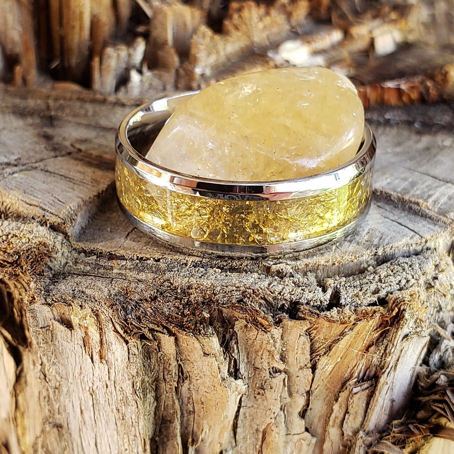Aura Ring - Citrine Crystal Inlay, Tungsten Titanium Ceramic, Men Women, Wedding Ring, His Hers Promise, Engagement Ring 8mm 6mm