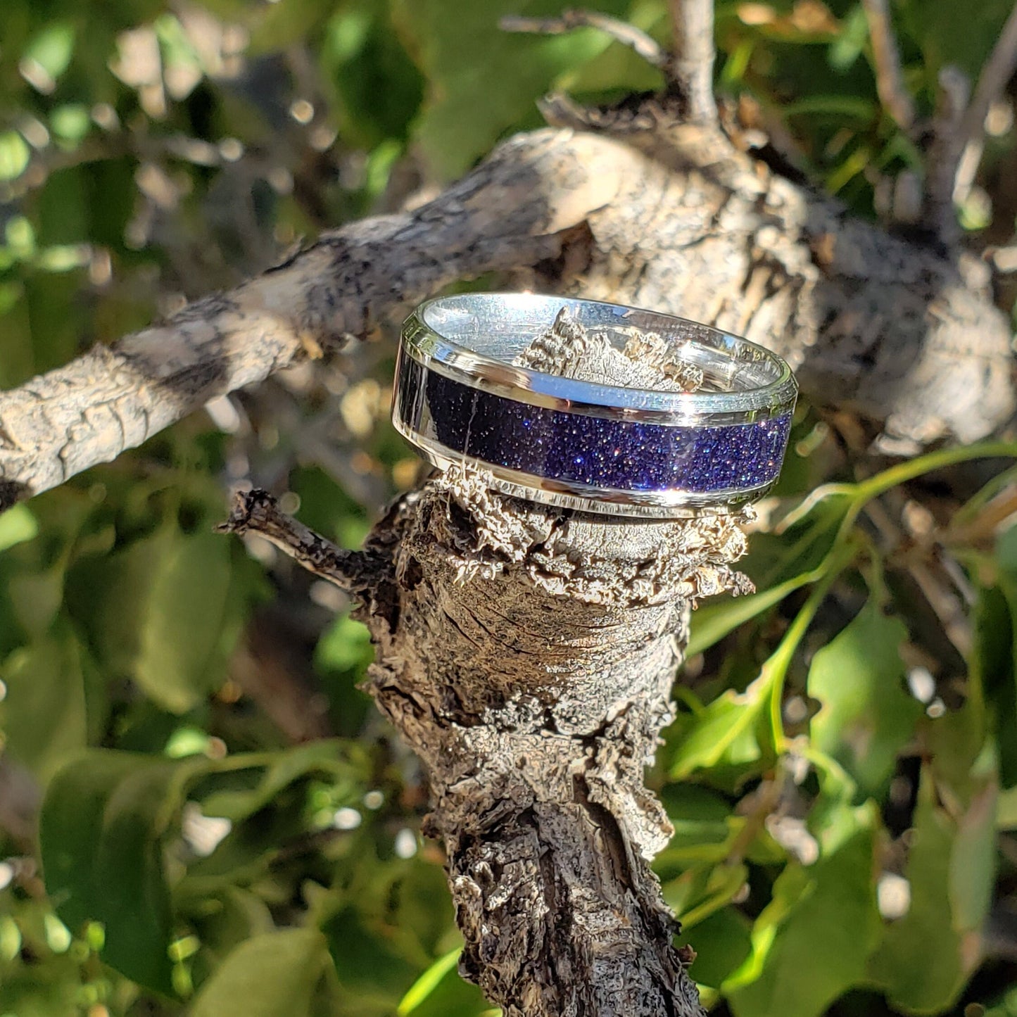 Nebula Ring - Blue Goldstone Crystal Inlay, Tungsten Titanium Ceramic, Men Women, Wedding Ring, His Hers Promise, Engagement Ring 8mm 6mm