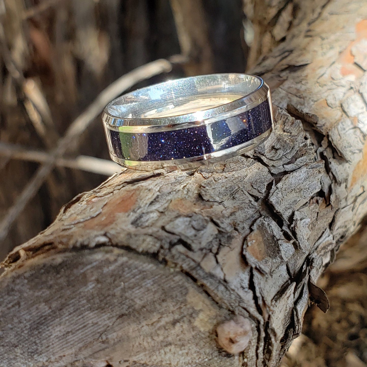 Nebula Ring - Blue Goldstone Crystal Inlay, Tungsten Titanium Ceramic, Men Women, Wedding Ring, His Hers Promise, Engagement Ring 8mm 6mm
