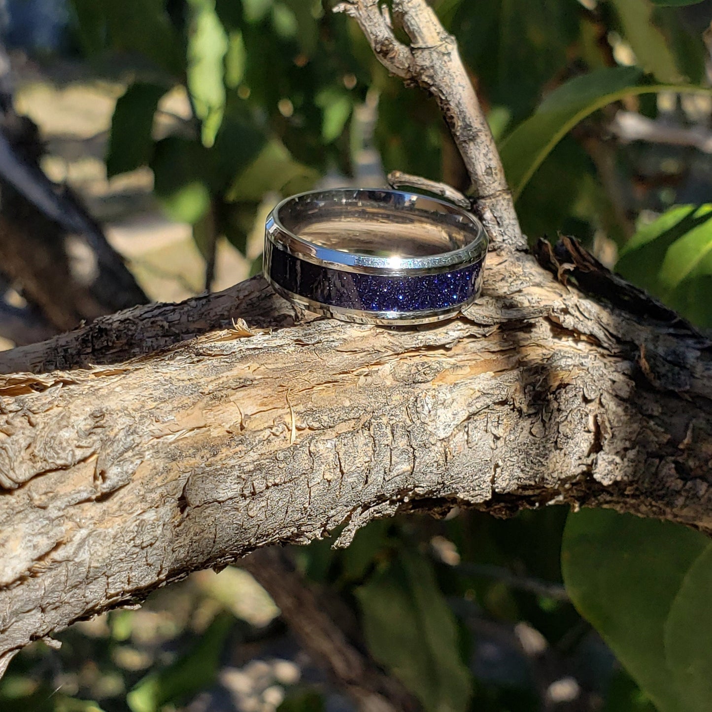 Nebula Ring - Blue Goldstone Crystal Inlay, Tungsten Titanium Ceramic, Men Women, Wedding Ring, His Hers Promise, Engagement Ring 8mm 6mm
