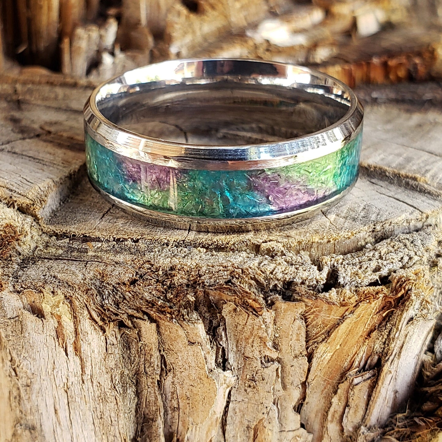 Clarity Ring - Rainbow Fluorite Crystal Inlay, Tungsten Titanium Ceramic, Men Women, Wedding Ring, His Hers Promise, Engagement Ring 8mm 6mm