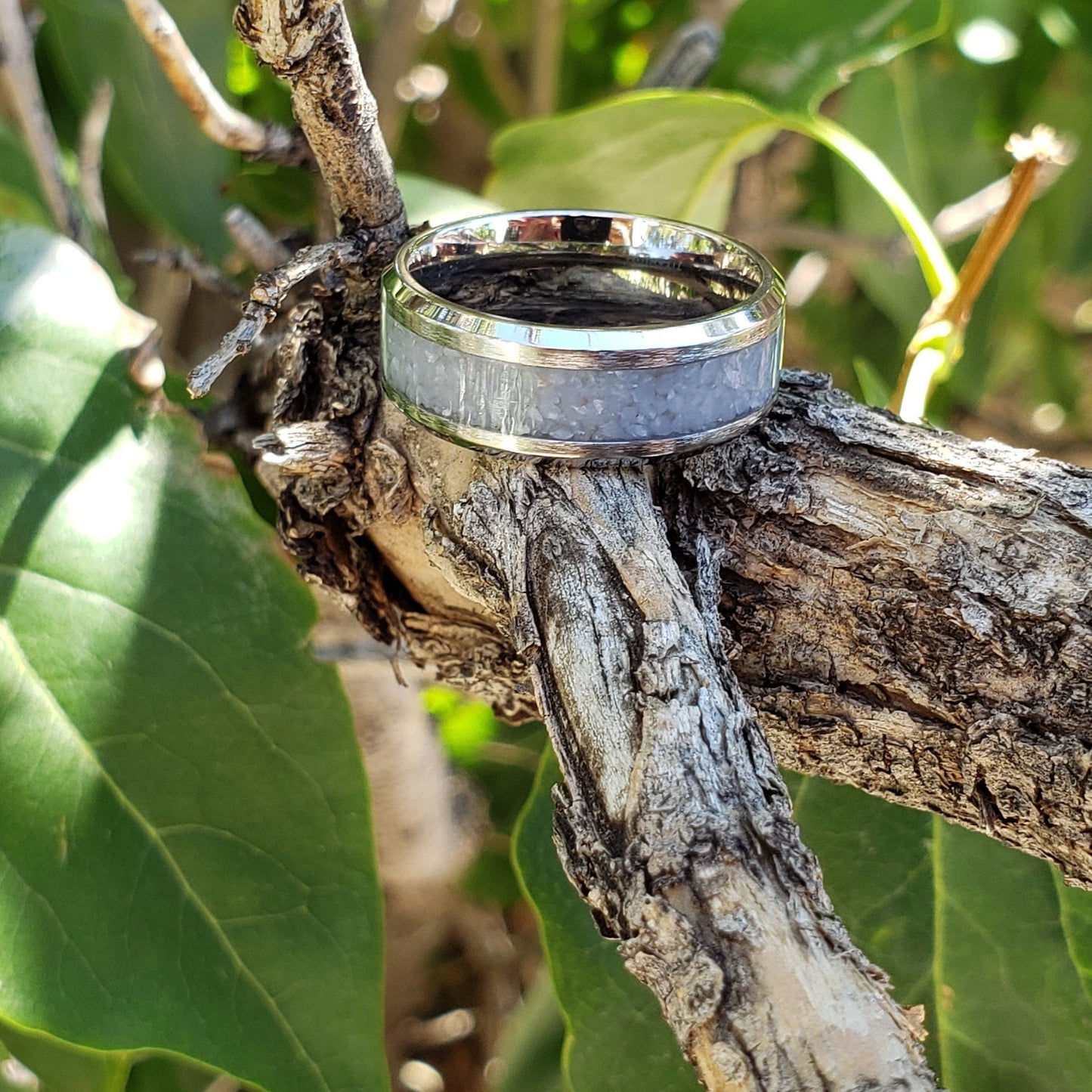 Angel Ring - Angelite Crystal Inlay, Tungsten Titanium Ceramic, Men Women, Wedding Ring, His Hers Promise, Engagement Ring 8mm 6mm