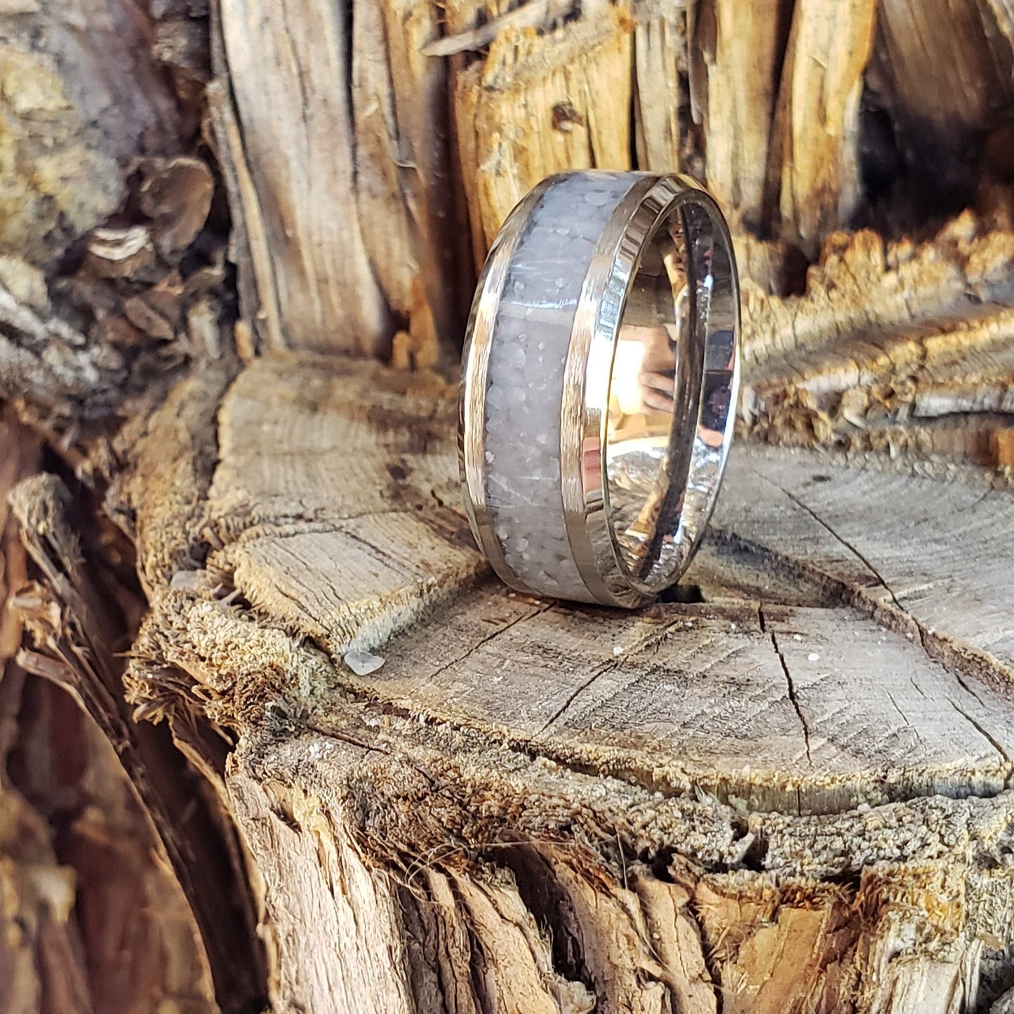 Angel Ring - Angelite Crystal Inlay, Tungsten Titanium Ceramic, Men Women, Wedding Ring, His Hers Promise, Engagement Ring 8mm 6mm