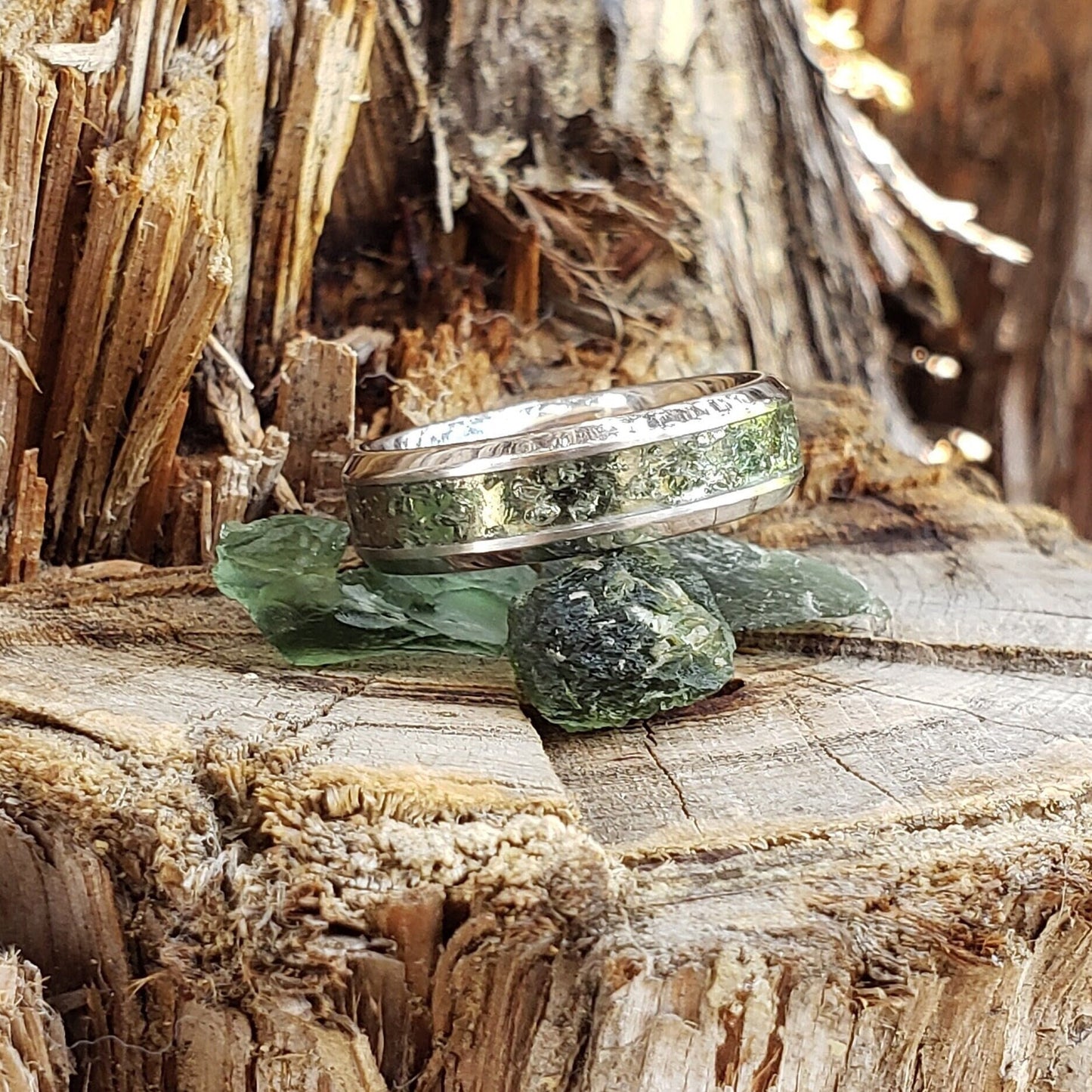 Moldavite Crystal (Slim) Inlay Ring, Tungsten Carbide Titanium Ceramic, Men & Women, Wedding Ring, His Hers Promise Ring, Engagement Ring