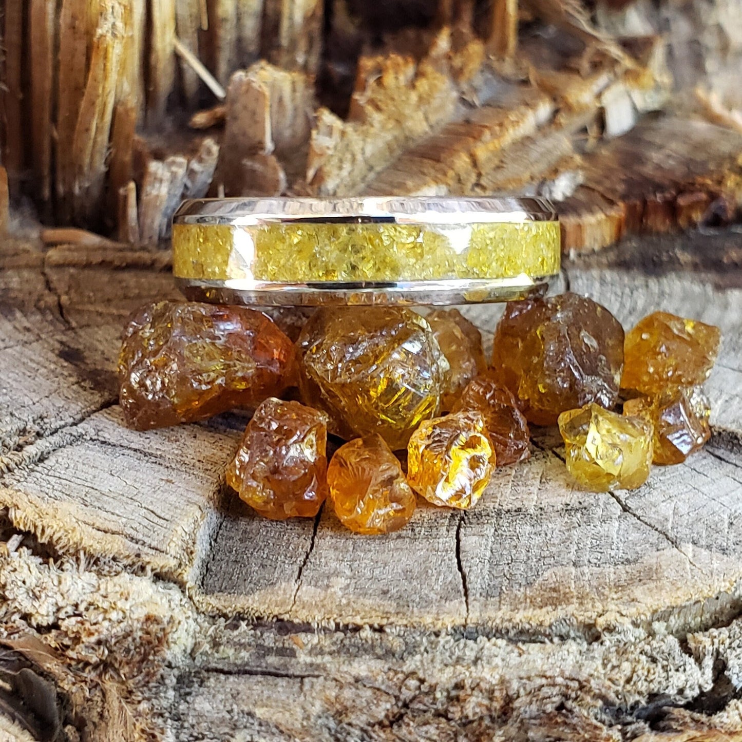 Sunshine Ring - Golden Mali Garnet Crystal Inlay, Tungsten Titanium Ceramic, Men Women, Wedding Ring, His Hers Promise, Engagement Ring
