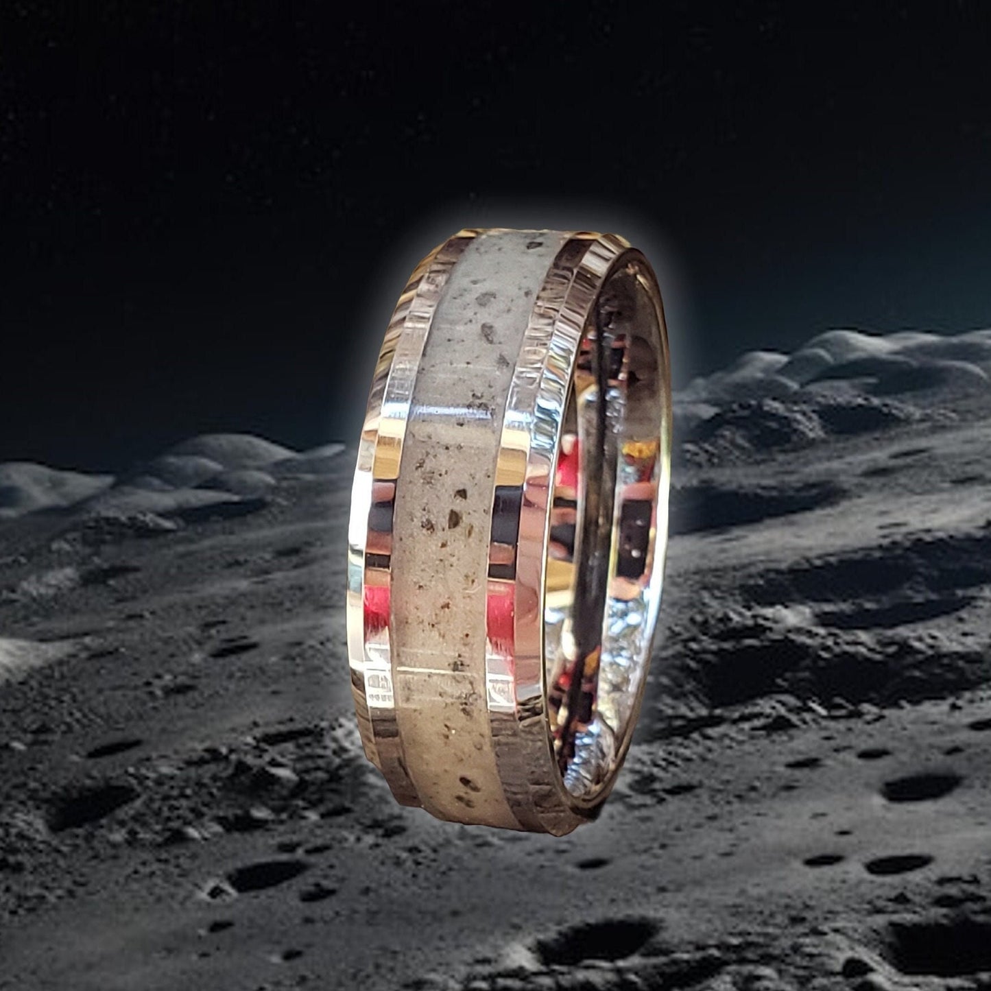 Moonlight Glow Ring - Lunar (Moon) Dust Inlay, Tungsten Titanium Ceramic, Men Women, Wedding Ring, His Hers Promise, Engagement Ring 8mm 6mm
