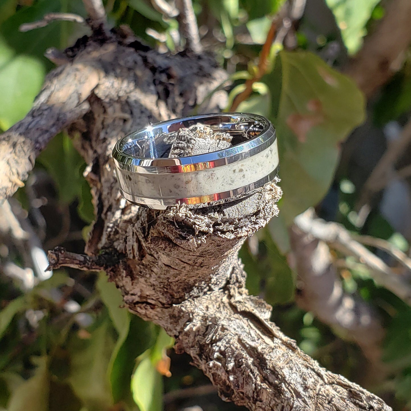 Moonlight Glow Ring - Lunar (Moon) Dust Inlay, Tungsten Titanium Ceramic, Men Women, Wedding Ring, His Hers Promise, Engagement Ring 8mm 6mm