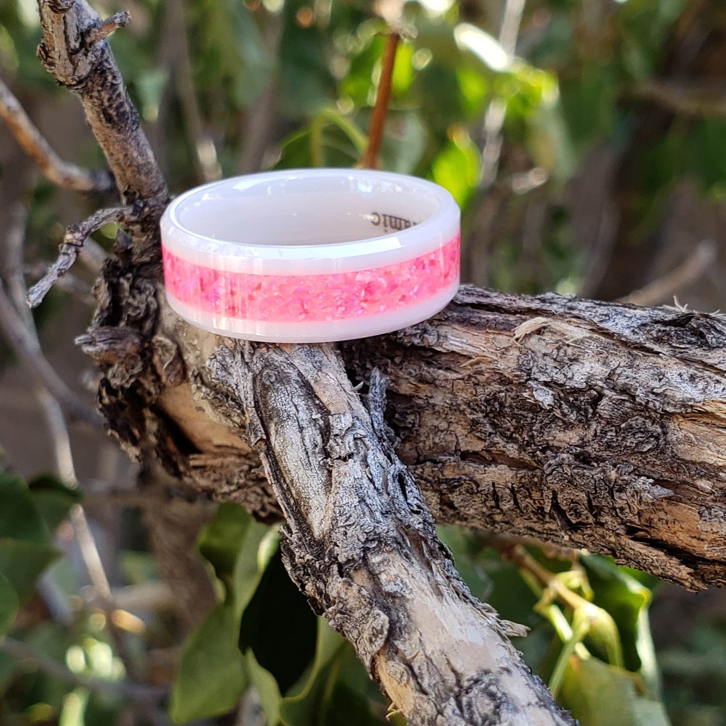 Dream Ring - Hot Pink Opal Crystal Inlay, Tungsten Titanium Ceramic, Men Women, Wedding Ring, His Hers Promise, Engagement Ring 8mm 6mm