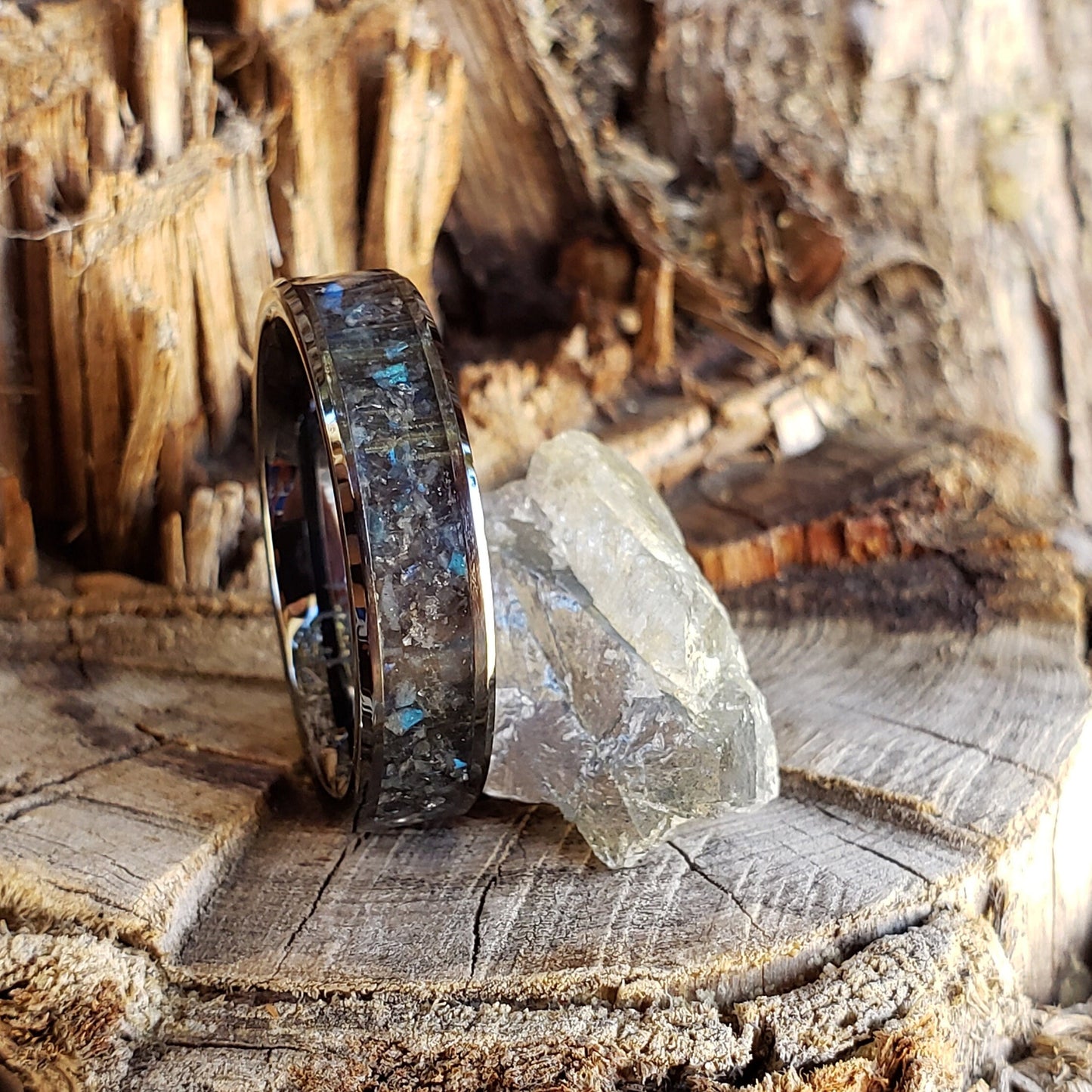 Midnight Borealis Ring - Labradorite Crystal Inlay, Tungsten Titanium Ceramic, Men Women, Wedding Ring, His Hers Promise, Engagement Ring