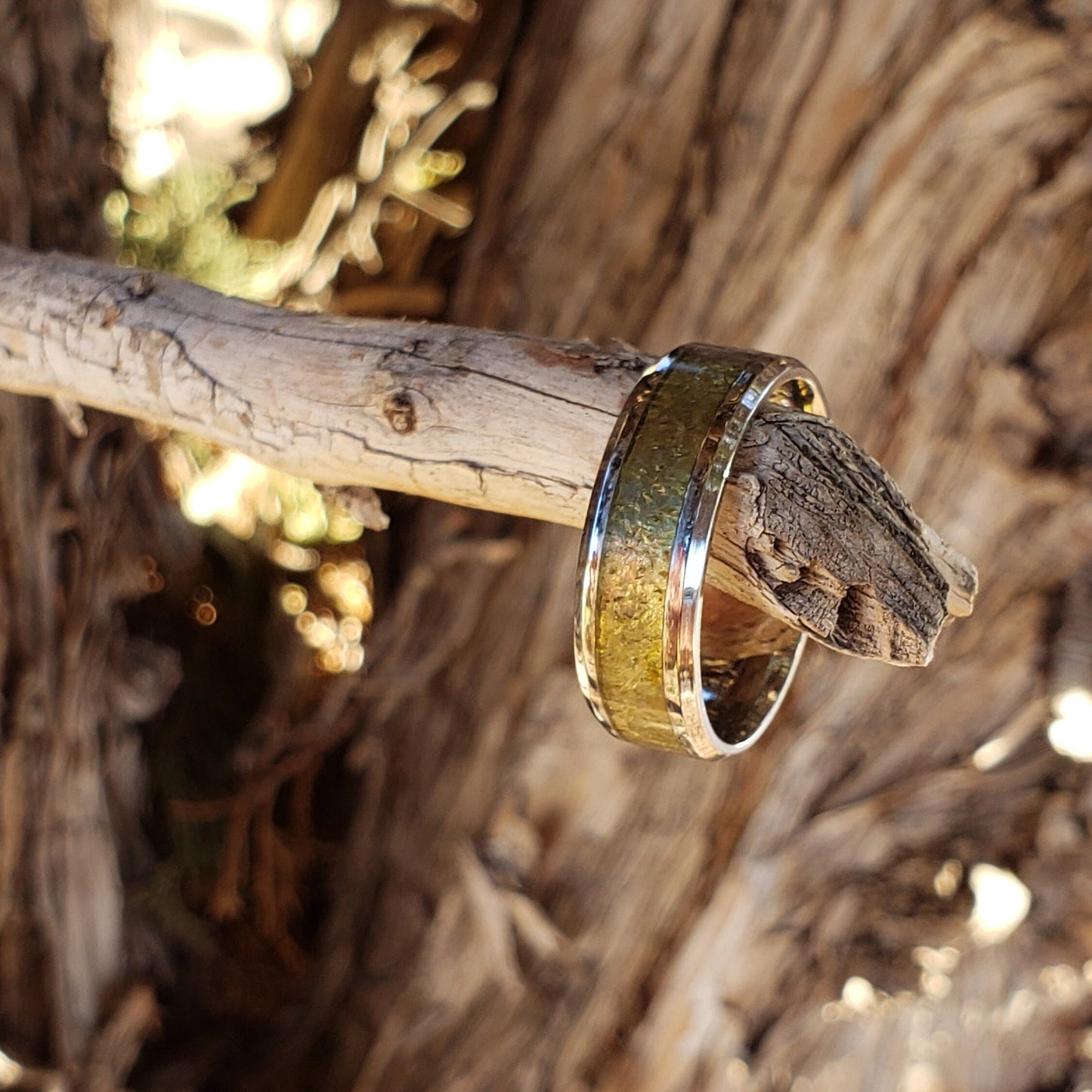 Sahara Ring - Libyan Desert Glass Crystal Inlay, Tungsten Titanium Ceramic, Men Women, Wedding Ring, His Hers Promise Ring, Engagement Ring