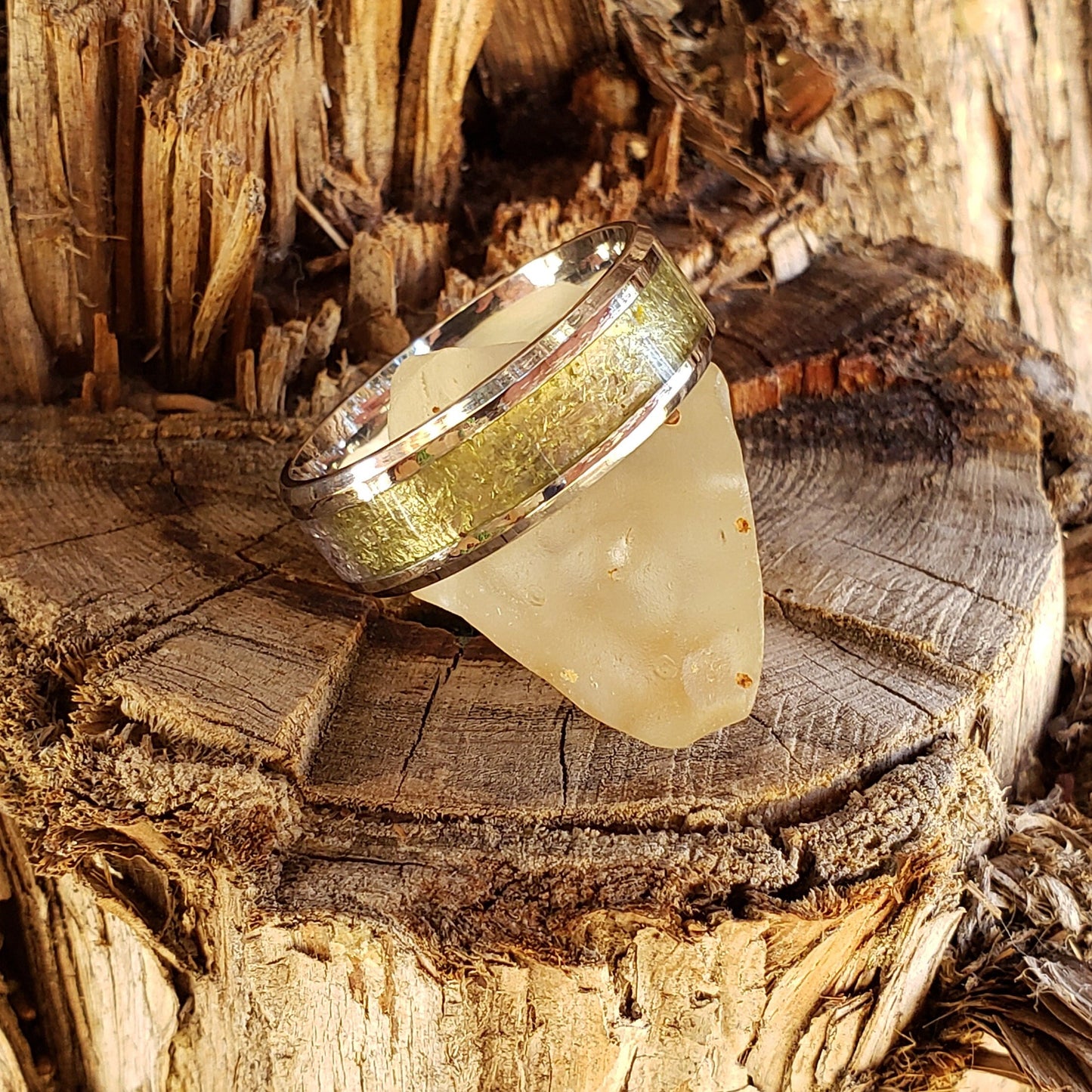 Sahara Ring - Libyan Desert Glass Crystal Inlay, Tungsten Titanium Ceramic, Men Women, Wedding Ring, His Hers Promise Ring, Engagement Ring
