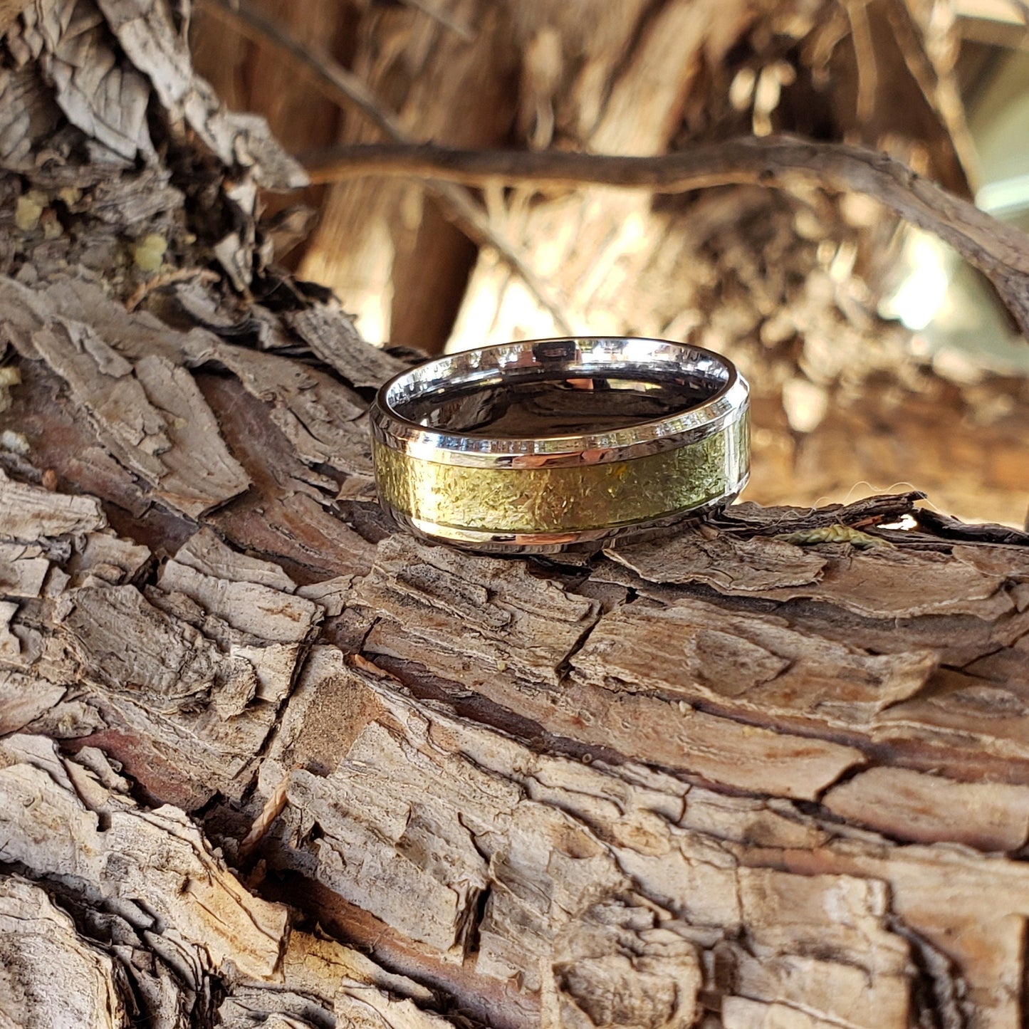 Sahara Ring - Libyan Desert Glass Crystal Inlay, Tungsten Titanium Ceramic, Men Women, Wedding Ring, His Hers Promise Ring, Engagement Ring