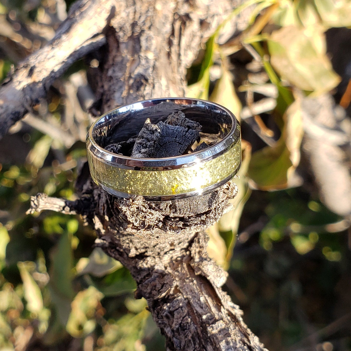Sahara Ring - Libyan Desert Glass Crystal Inlay, Tungsten Titanium Ceramic, Men Women, Wedding Ring, His Hers Promise Ring, Engagement Ring