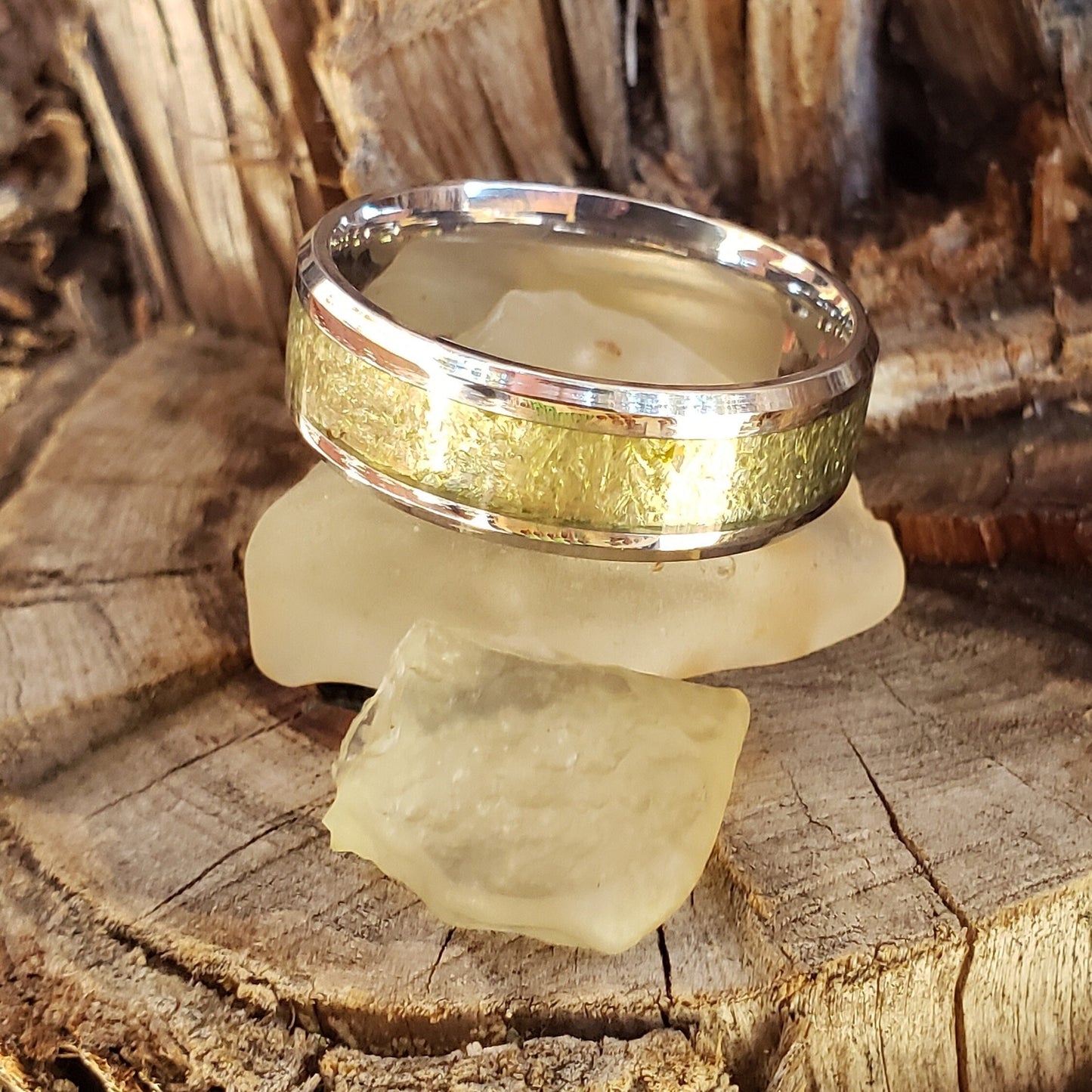 Sahara Ring - Libyan Desert Glass Crystal Inlay, Tungsten Titanium Ceramic, Men Women, Wedding Ring, His Hers Promise Ring, Engagement Ring