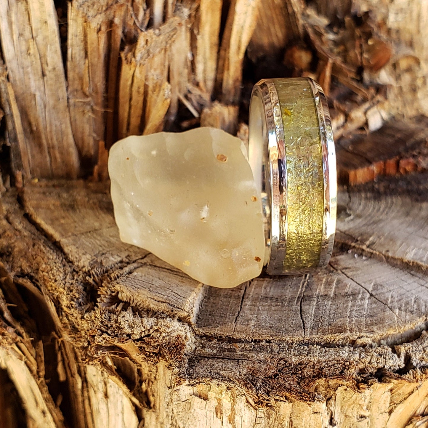 Sahara Ring - Libyan Desert Glass Crystal Inlay, Tungsten Titanium Ceramic, Men Women, Wedding Ring, His Hers Promise Ring, Engagement Ring