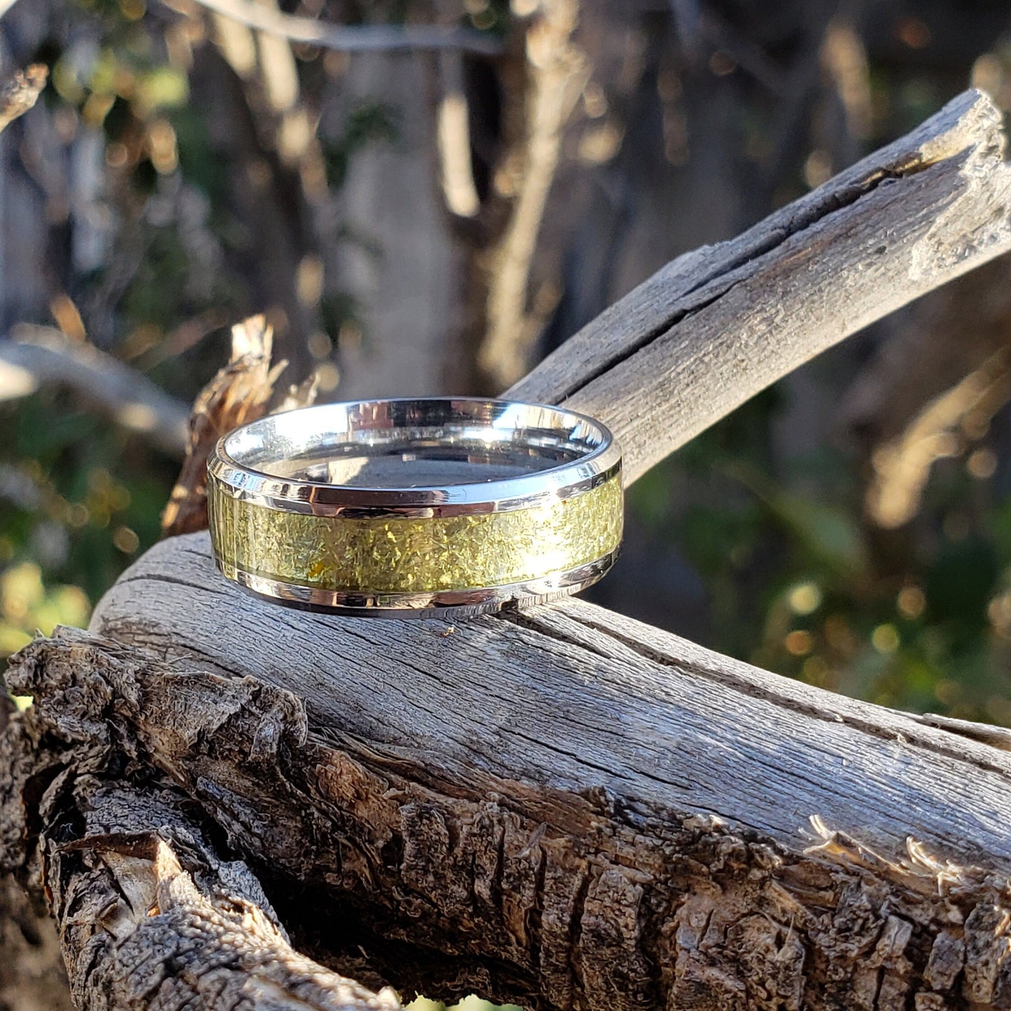 Sahara Ring - Libyan Desert Glass Crystal Inlay, Tungsten Titanium Ceramic, Men Women, Wedding Ring, His Hers Promise Ring, Engagement Ring