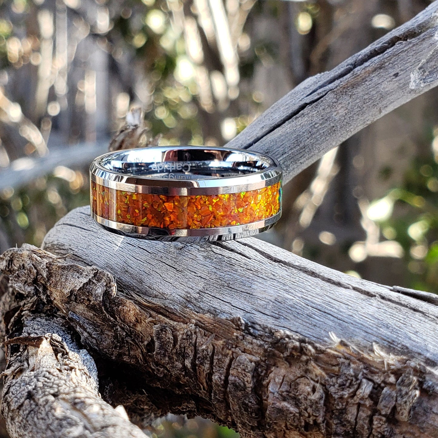 Monarch Ring - Orange Opal Crystal Inlay, Tungsten Titanium Ceramic, Men Women, Wedding Ring, His Hers Promise, Engagement Ring 8mm 6mm