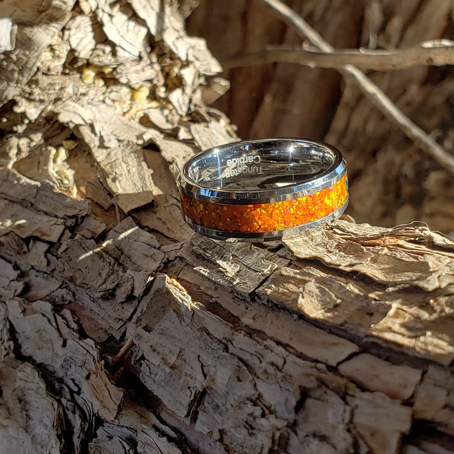 Monarch Ring - Orange Opal Crystal Inlay, Tungsten Titanium Ceramic, Men Women, Wedding Ring, His Hers Promise, Engagement Ring 8mm 6mm