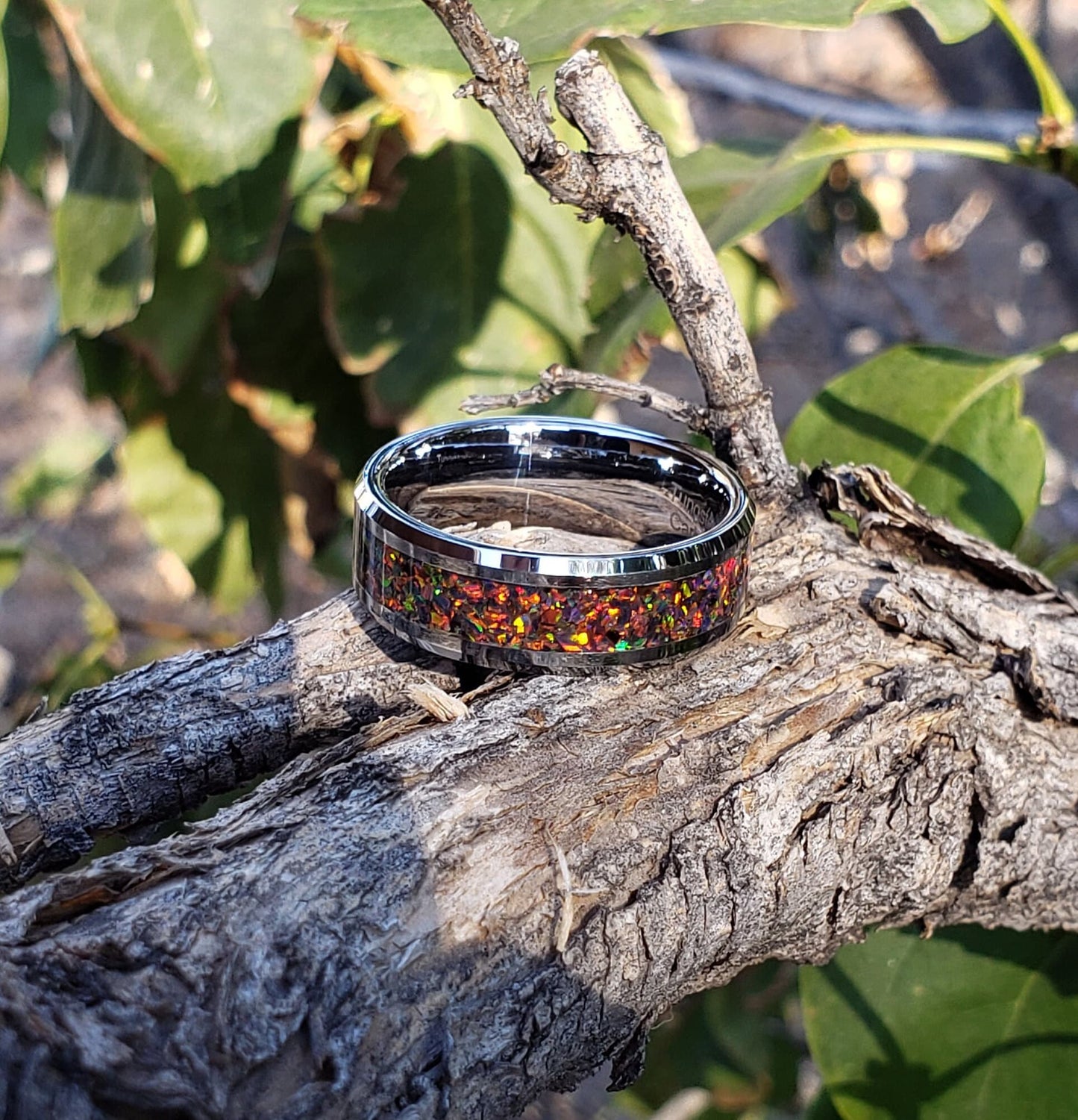 Inferno Ring - Orange Opal Crystal Inlay, Tungsten Titanium Ceramic, Men Women, Wedding Ring, His Hers Promise, Engagement Ring 8mm 6mm